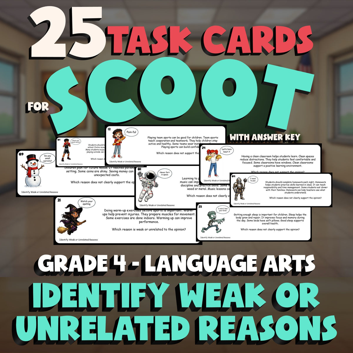 Identify Weak or Unrelated Reasons SCOOT TASK CARDS ELA Game - No Prep Grade 4