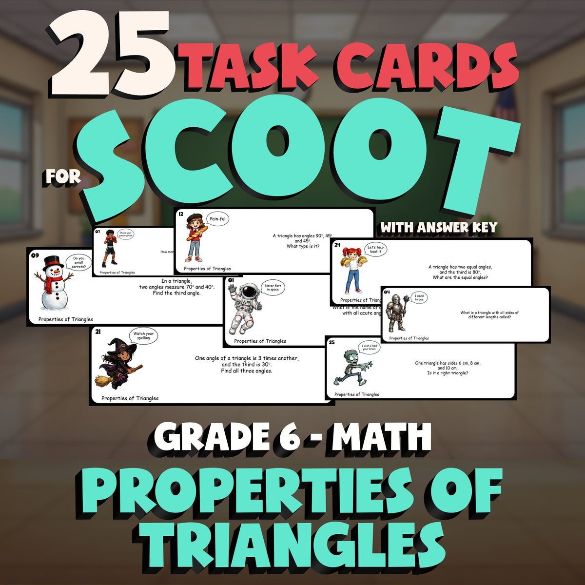 Properties of Triangles SCOOT TASK CARDS Math Game - No Prep Grade 6 Review