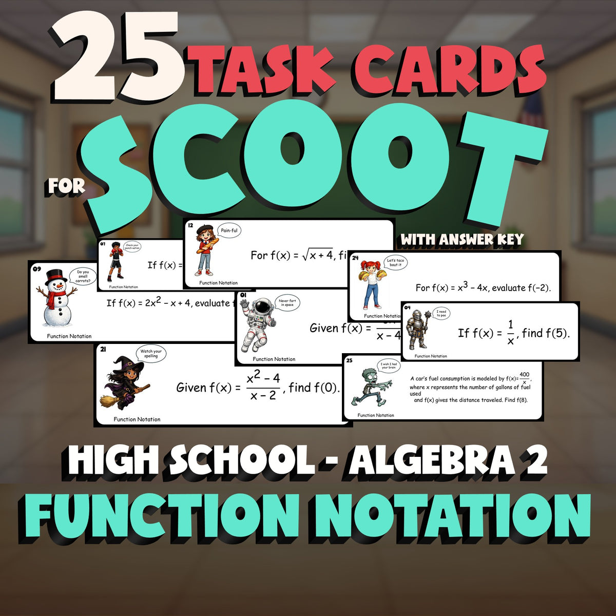 Function Notation SCOOT TASK CARDS Math Game - No Prep Algebra 2 Review Activity