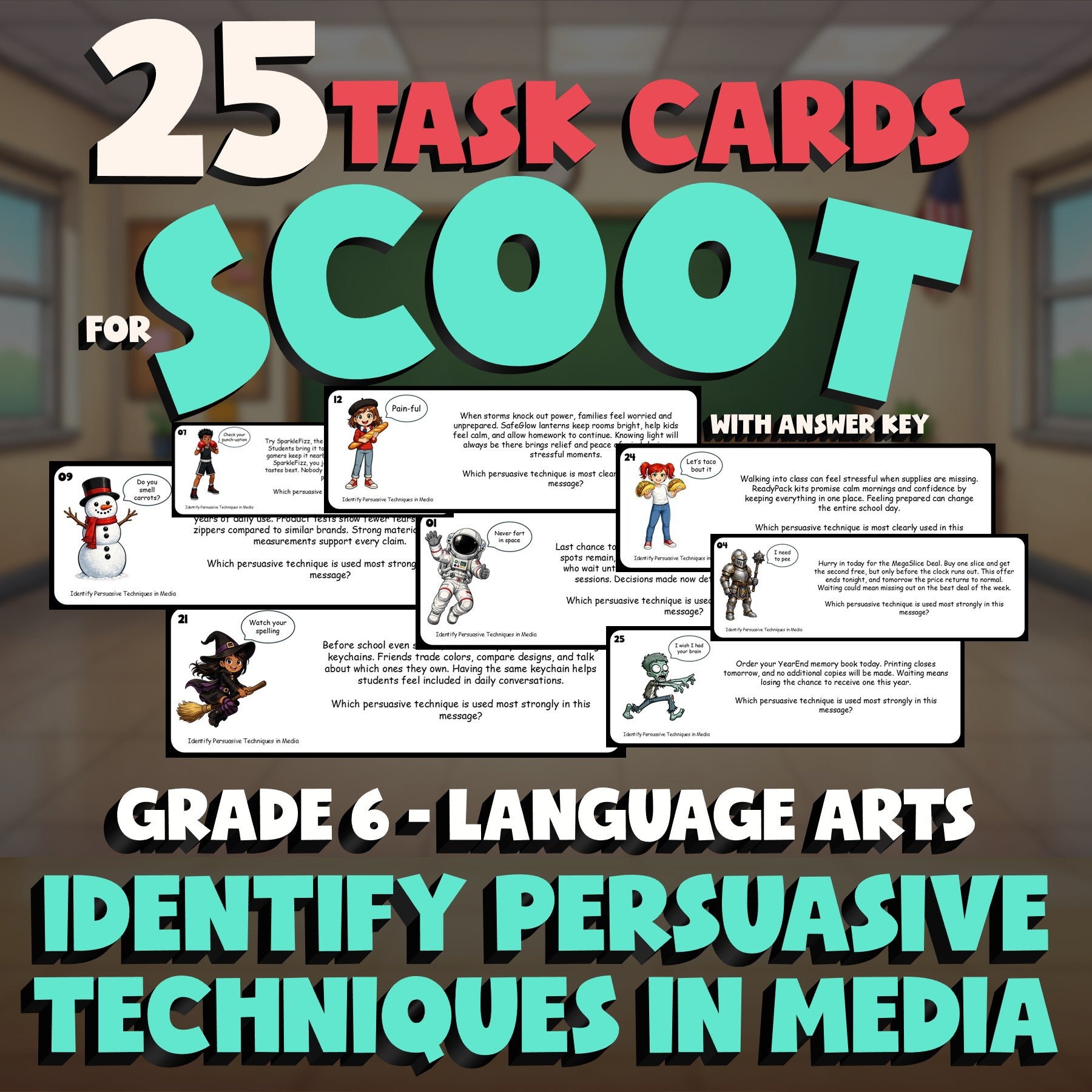 Identify Persuasive Techniques in Media SCOOT TASK CARDS ELA Game - Grade 6