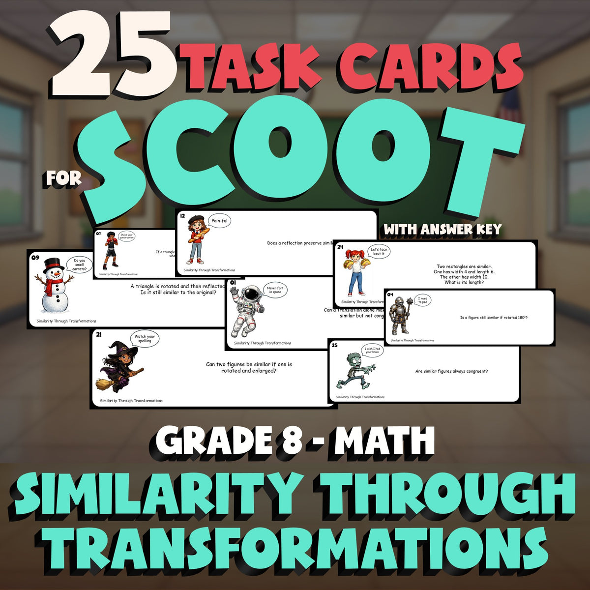 Similarity Through Transformations SCOOT TASK CARDS Math Game - No Prep Grade 8