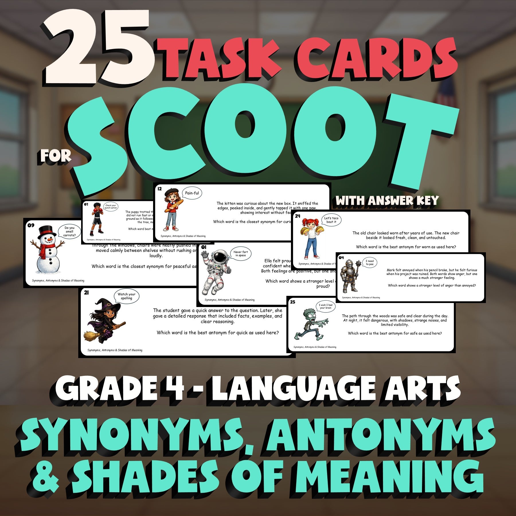 Synonyms, Antonyms & Shades of Meaning SCOOT TASK CARDS ELA Game - Grade 4