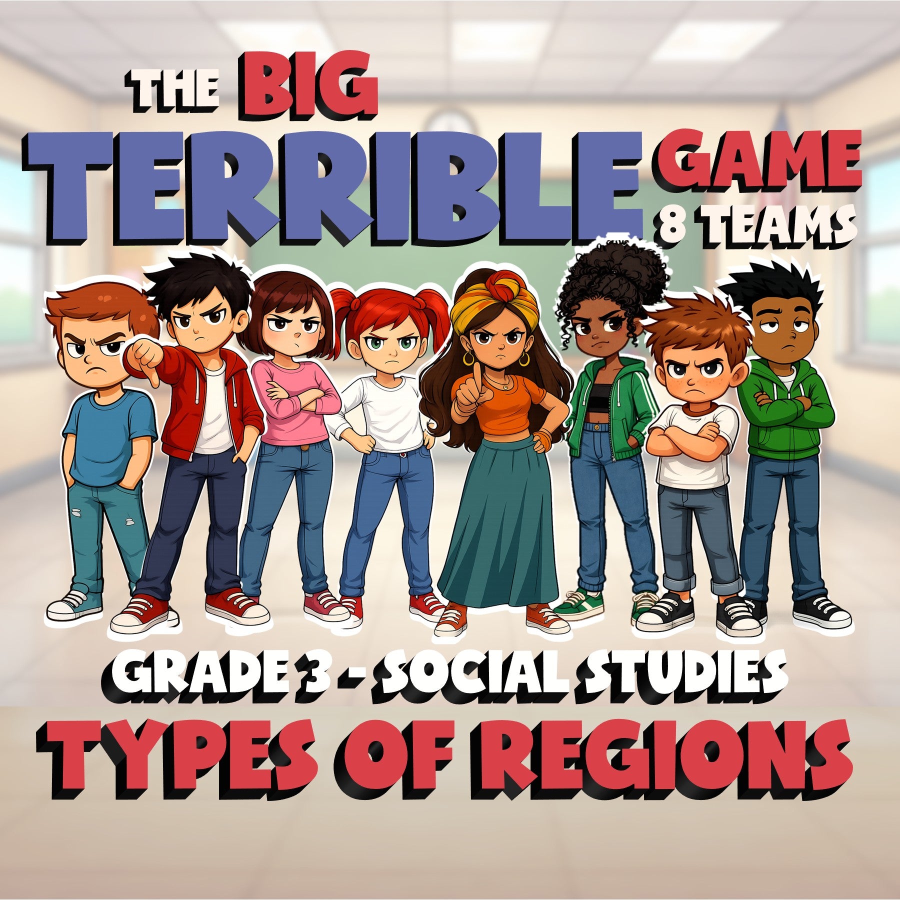 Types of Regions BIG TERRIBLE GAME - No Prep Grade 3 Socials Review Activity