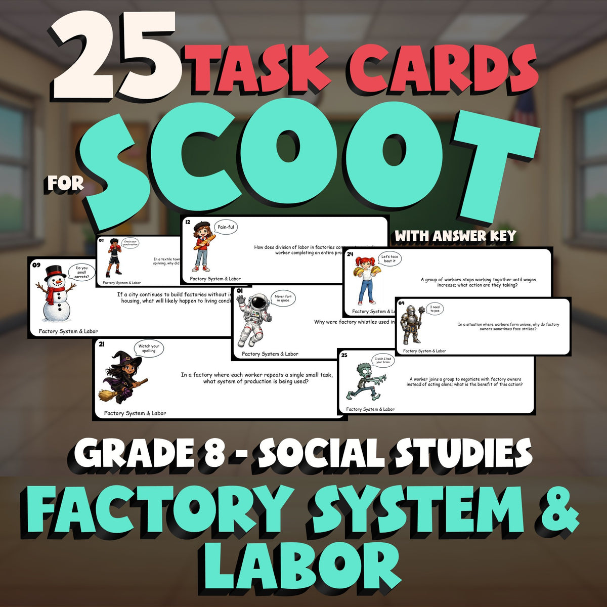 Factory System & Labor SCOOT TASK CARDS Socials Game - No Prep Grade 8 Review