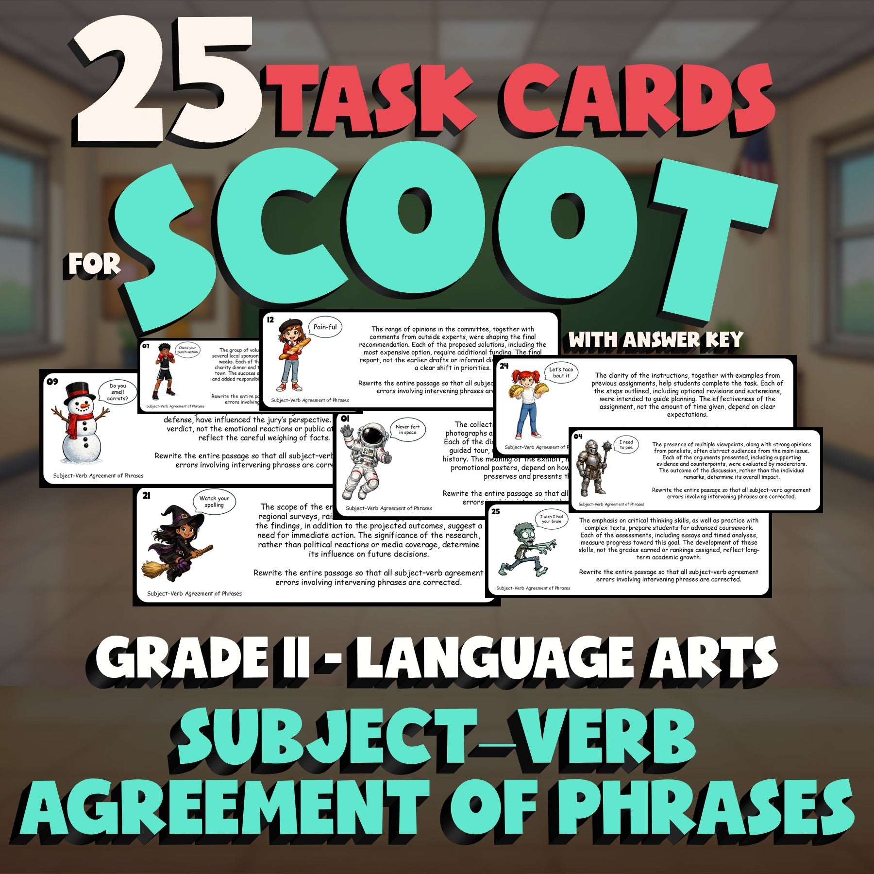 Subject–Verb Agreement of Phrases SCOOT TASK CARDS ELA Game - No Prep Grade 11
