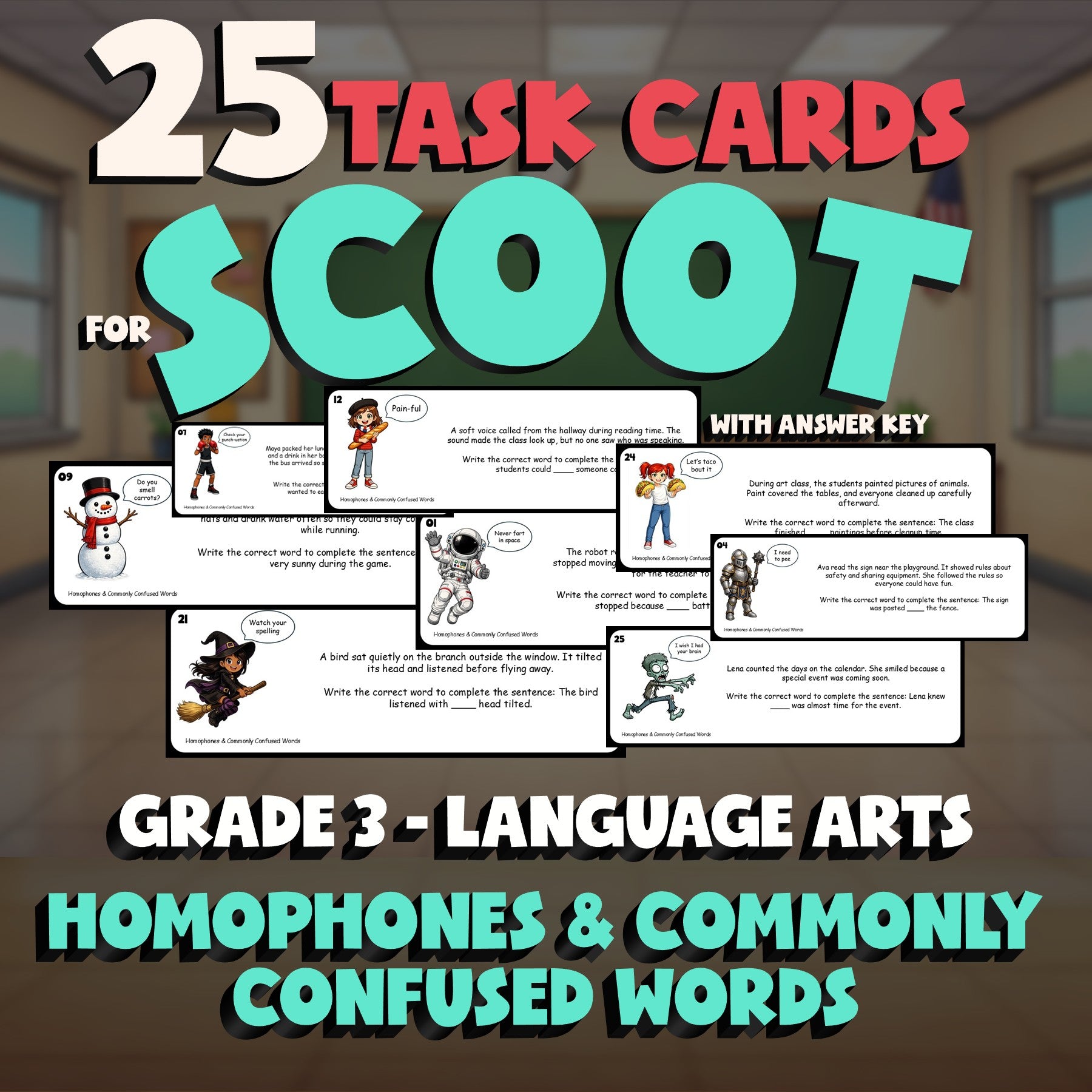 Homophones & Commonly Confused Words SCOOT TASK CARDS ELA Game - No Prep Grade 3