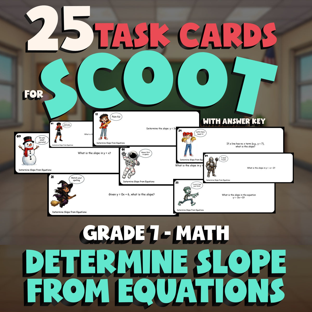 Determine Slope from Equations SCOOT TASK CARDS Math Game - No Prep Grade 7