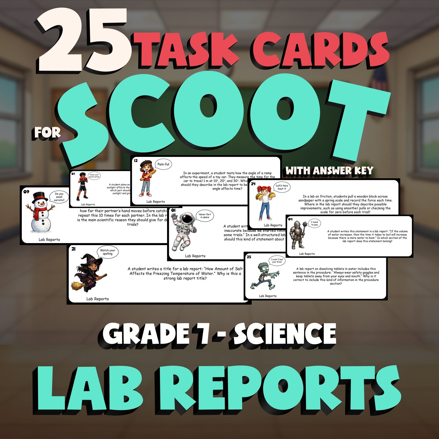 Lab Reports SCOOT TASK CARDS Science Game - No Prep Grade 7 Review Activity