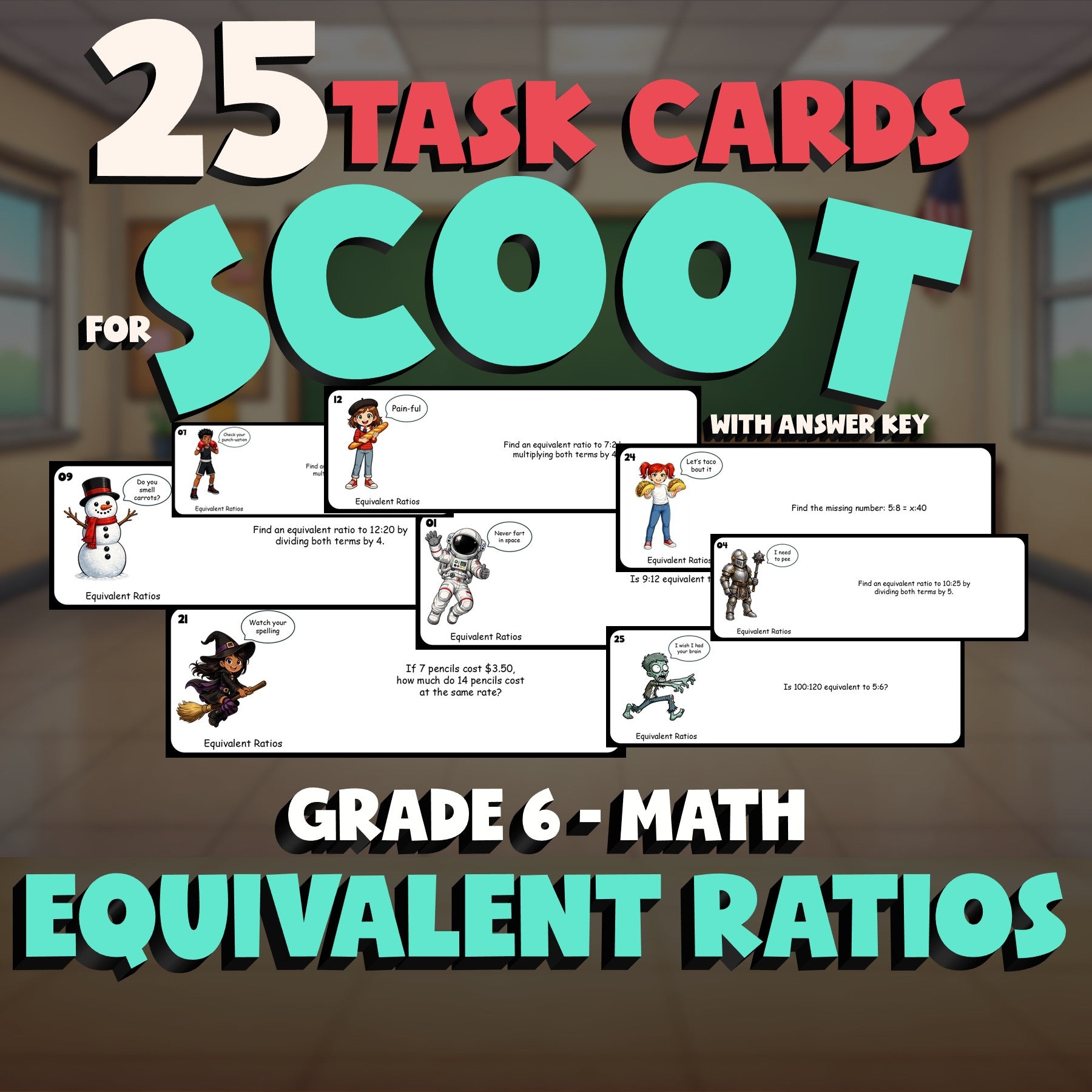 Equivalent Ratios SCOOT TASK CARDS Math Game - No Prep Grade 6 Review Activity