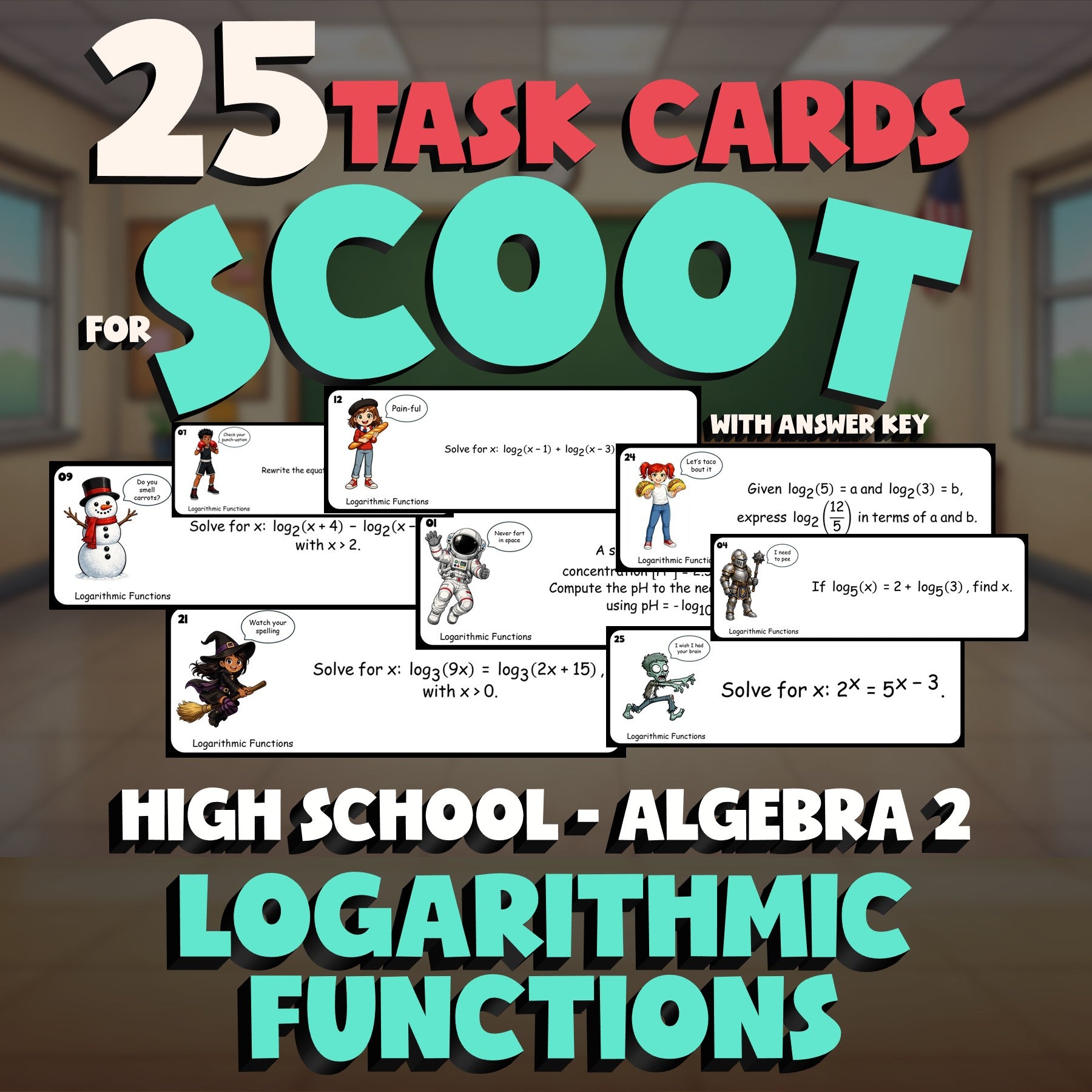 Logarithmic Functions SCOOT TASK CARDS Math Game - No Prep Algebra 2 Review