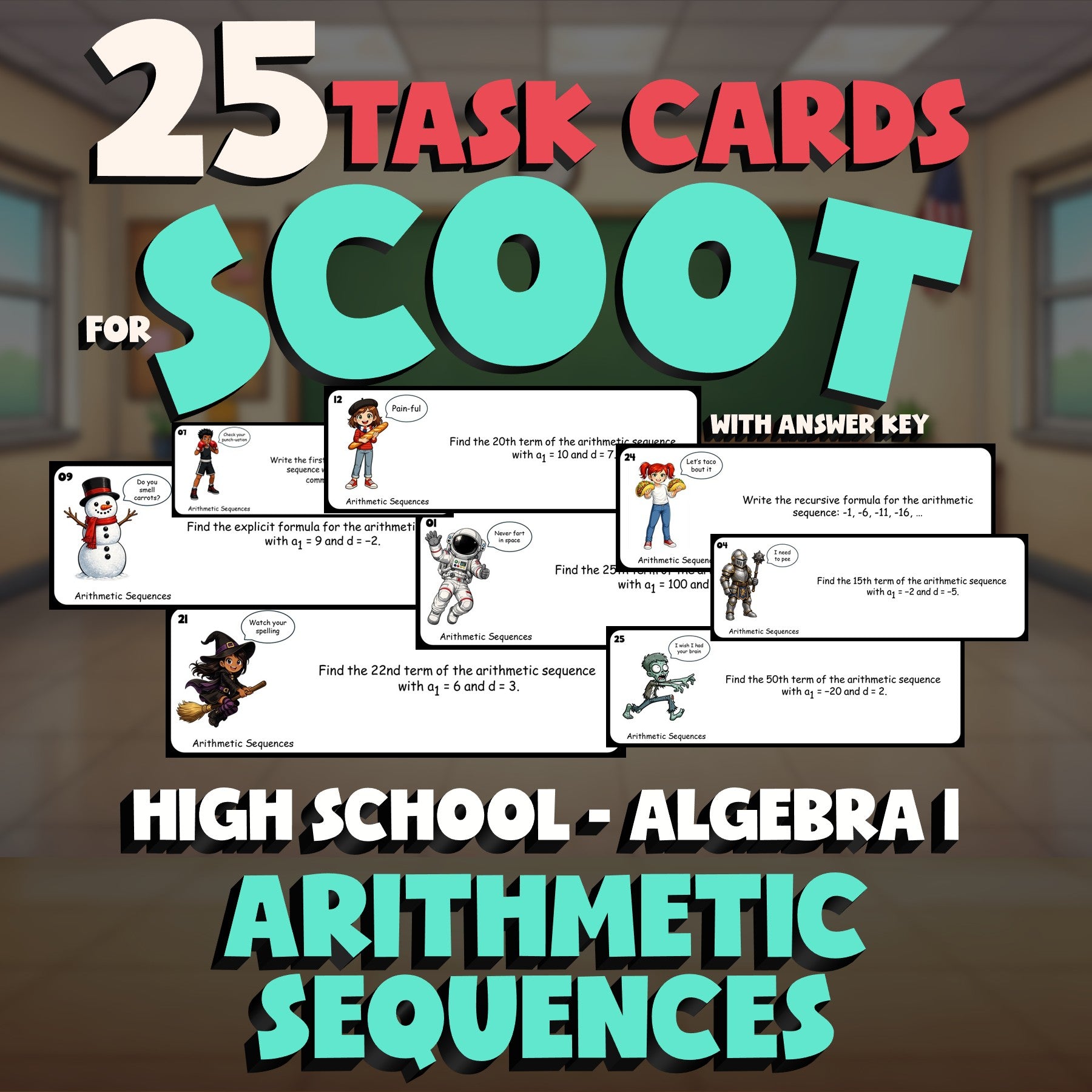 Arithmetic Sequences SCOOT TASK CARDS Math Game - No Prep Algebra 1 Review