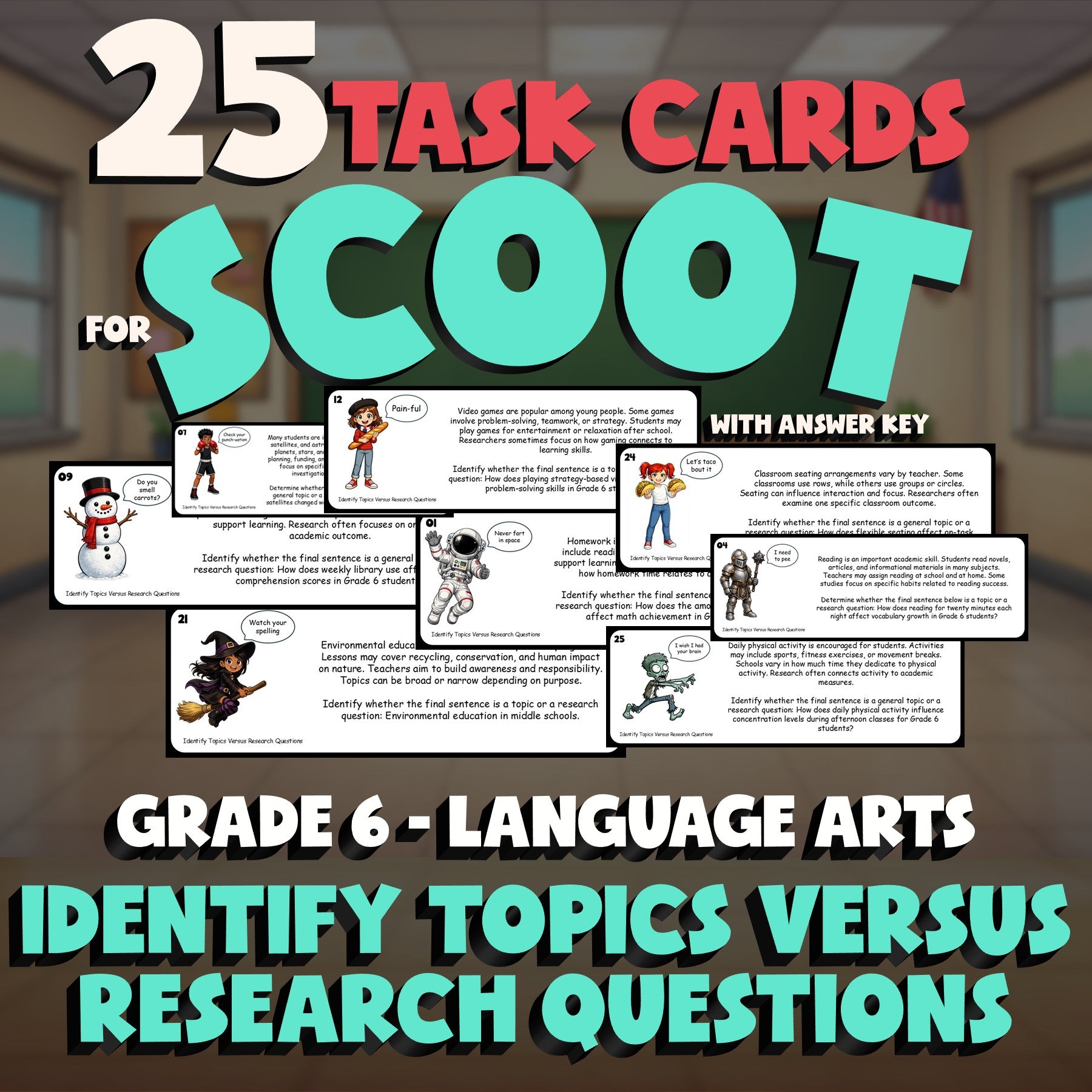 Identify Topics Versus Research Questions SCOOT TASK CARDS ELA Game - Grade 6