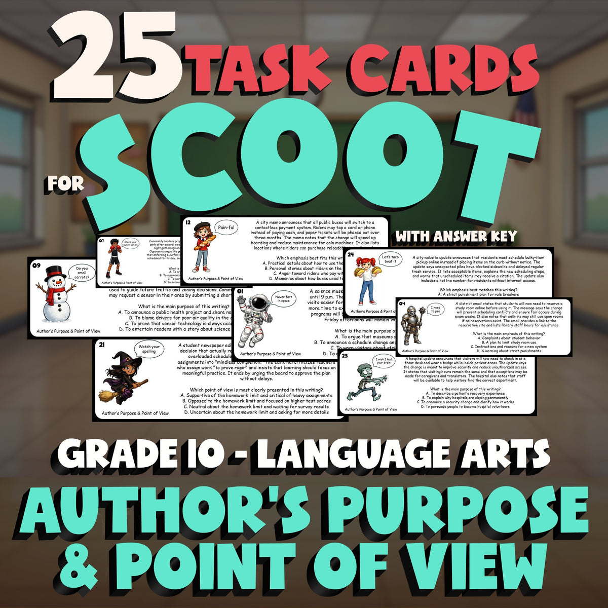 Author’s Purpose & Point of View SCOOT TASK CARDS ELA Game - No Prep Grade 10