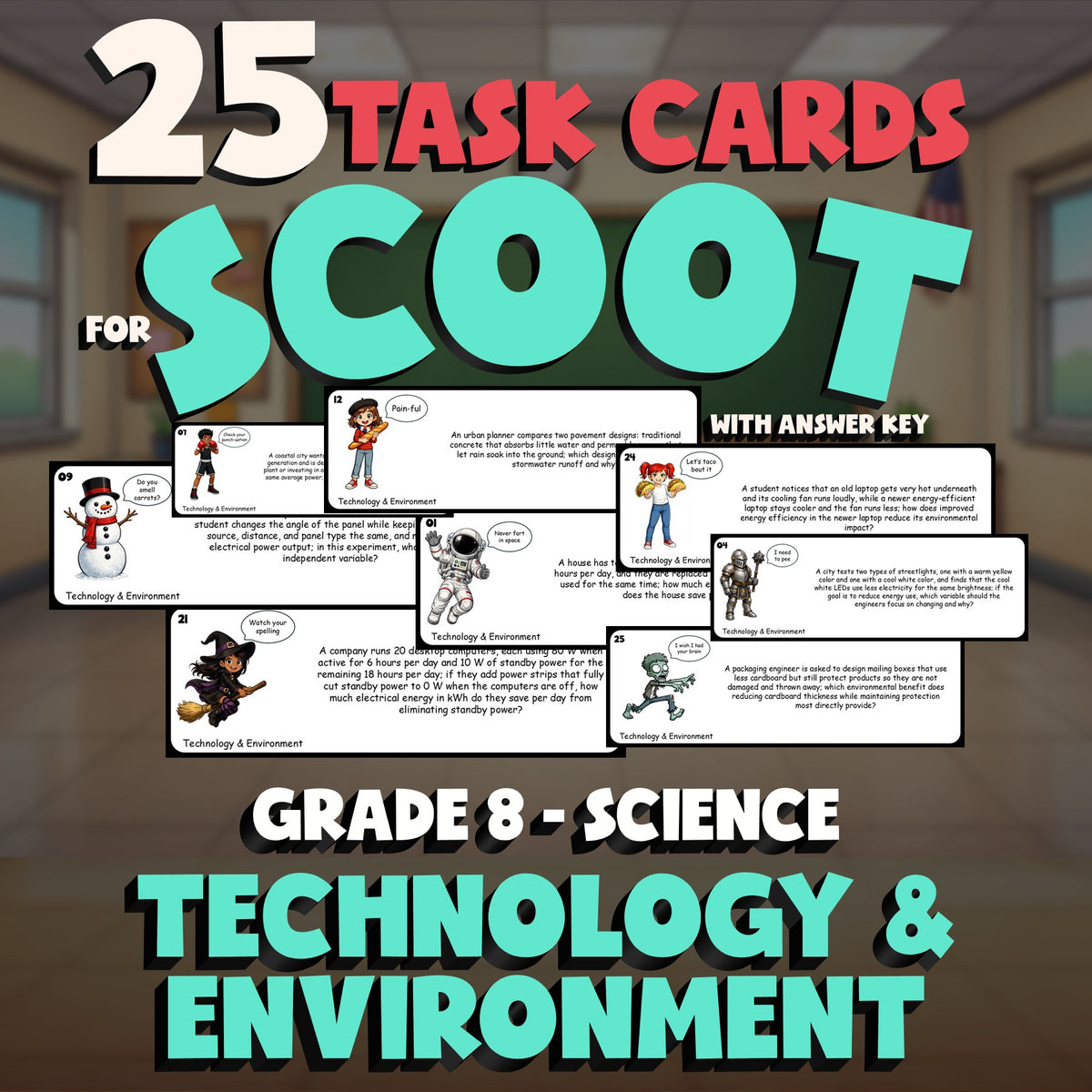 Technology & Environment SCOOT TASK CARDS Science Game - No Prep Grade 8 Review