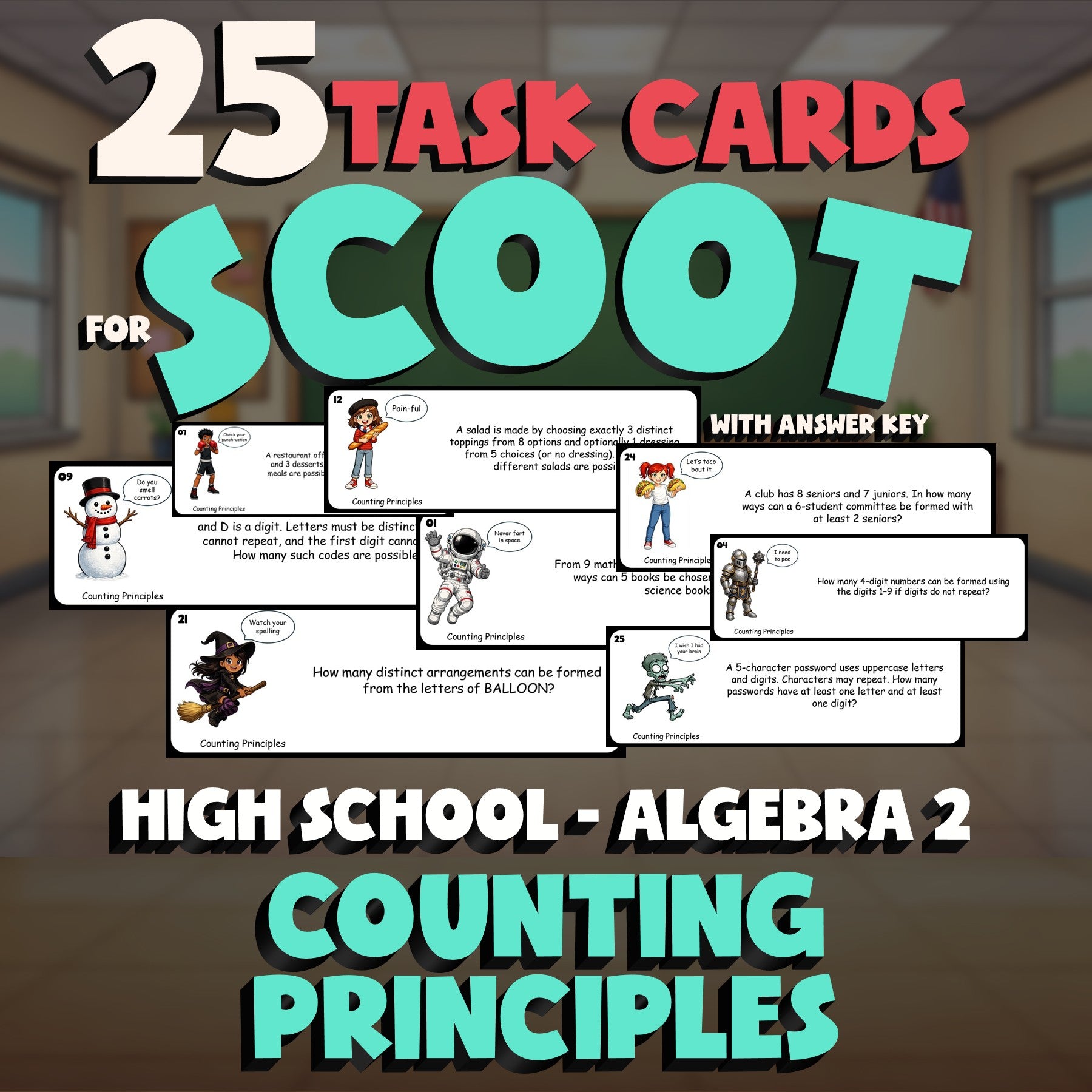 Counting Principles SCOOT TASK CARDS Math Game - No Prep Algebra 2 Review