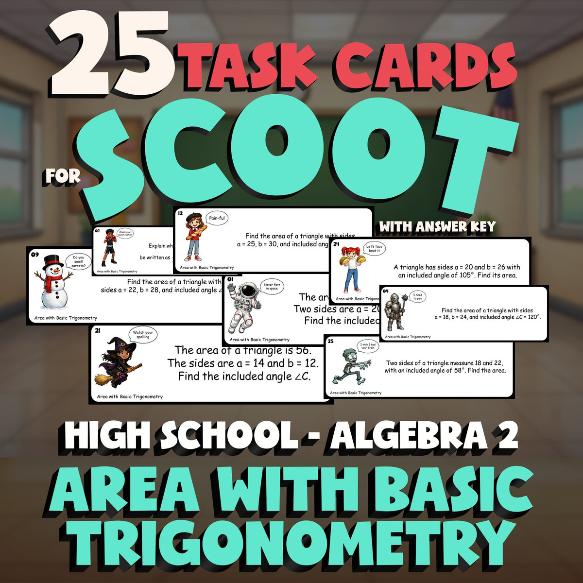 Area with Basic Trigonometry SCOOT TASK CARDS Math Game - No Prep Algebra 2