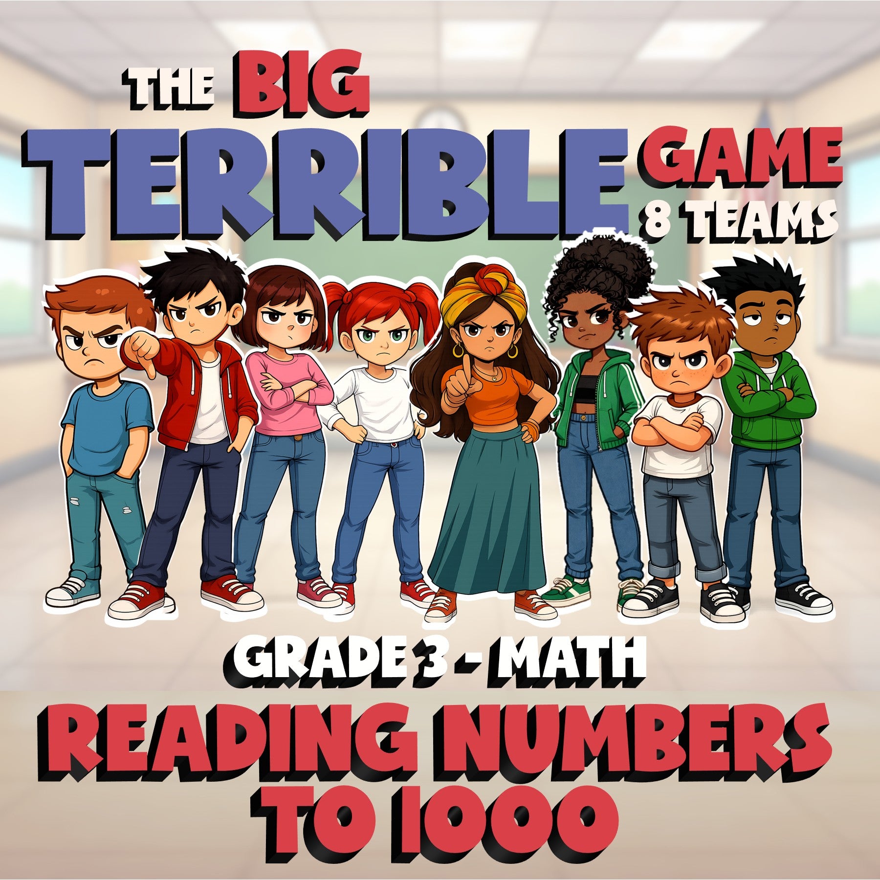Reading Numbers to 1000 BIG TERRIBLE GAME - No Prep Grade 3 Math Review Activity