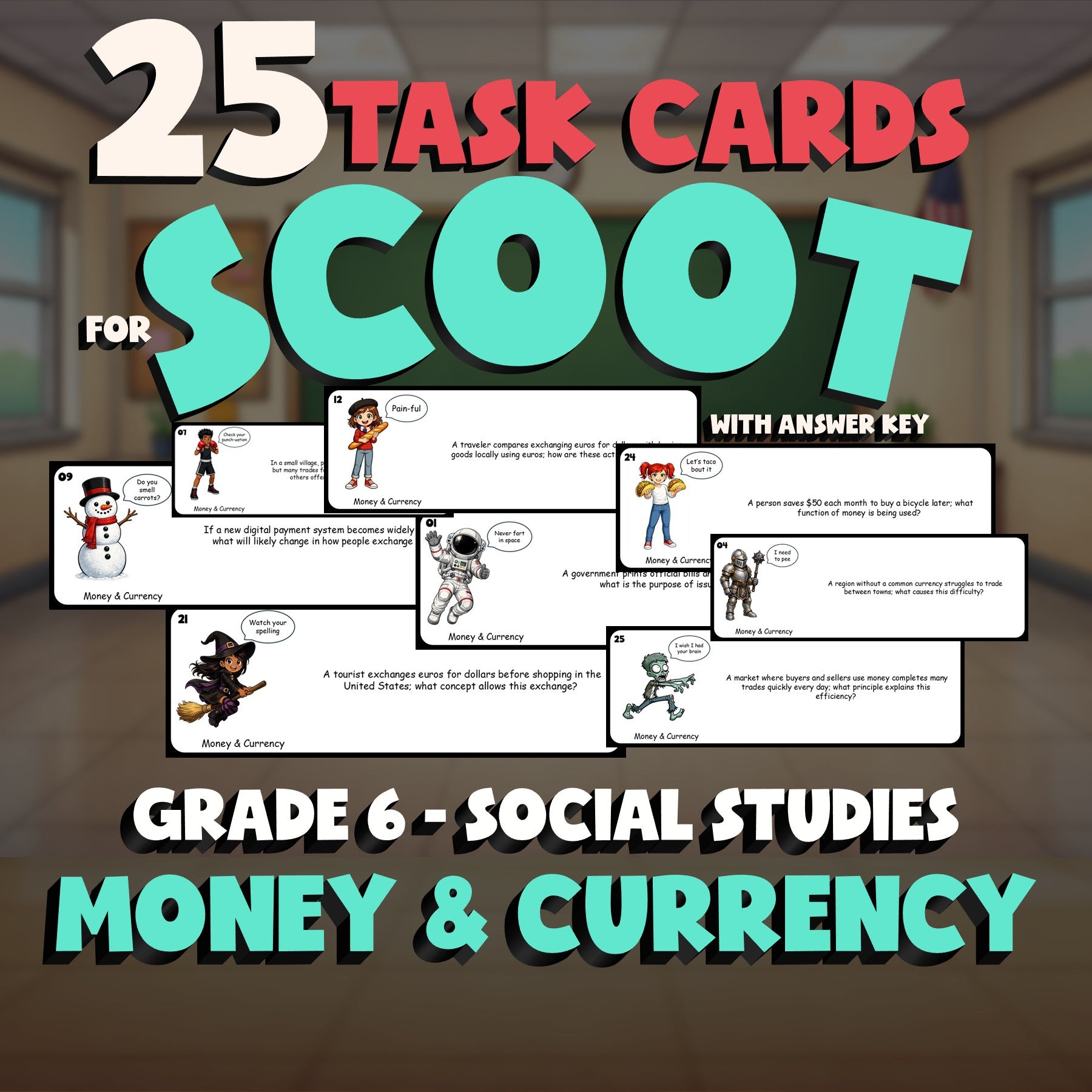 Money & Currency SCOOT TASK CARDS Socials Game - No Prep Grade 6 Review Activity