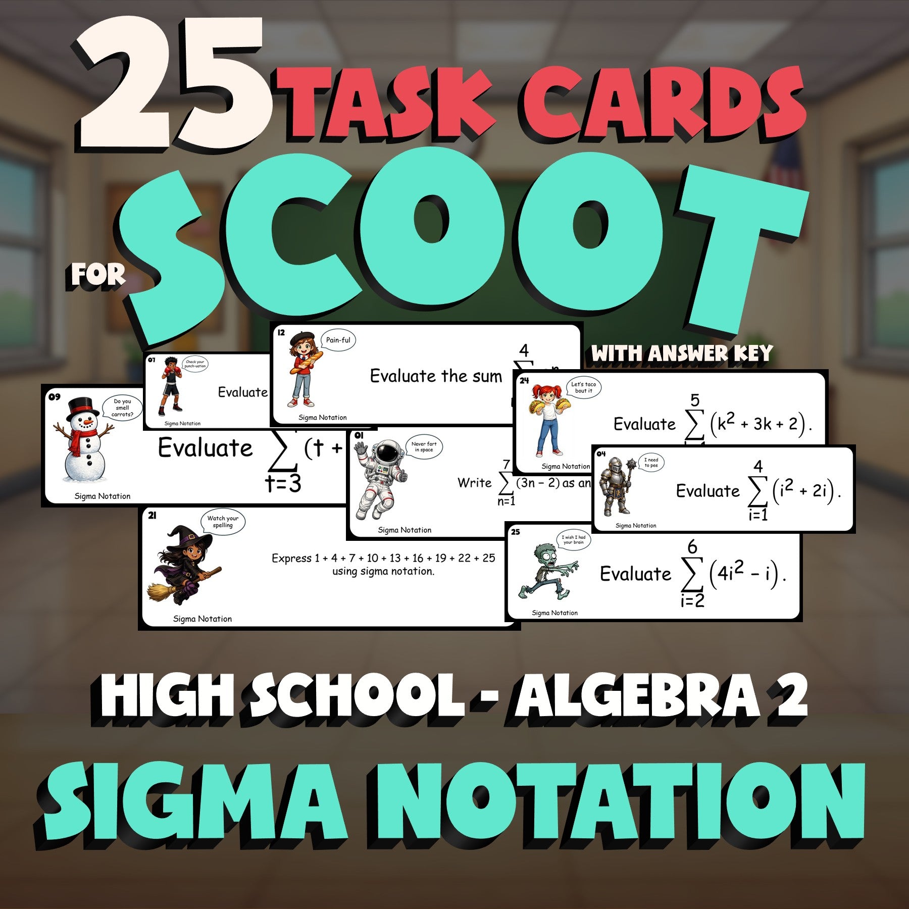 Sigma Notation SCOOT TASK CARDS Math Game - No Prep Algebra 2 Review Activity