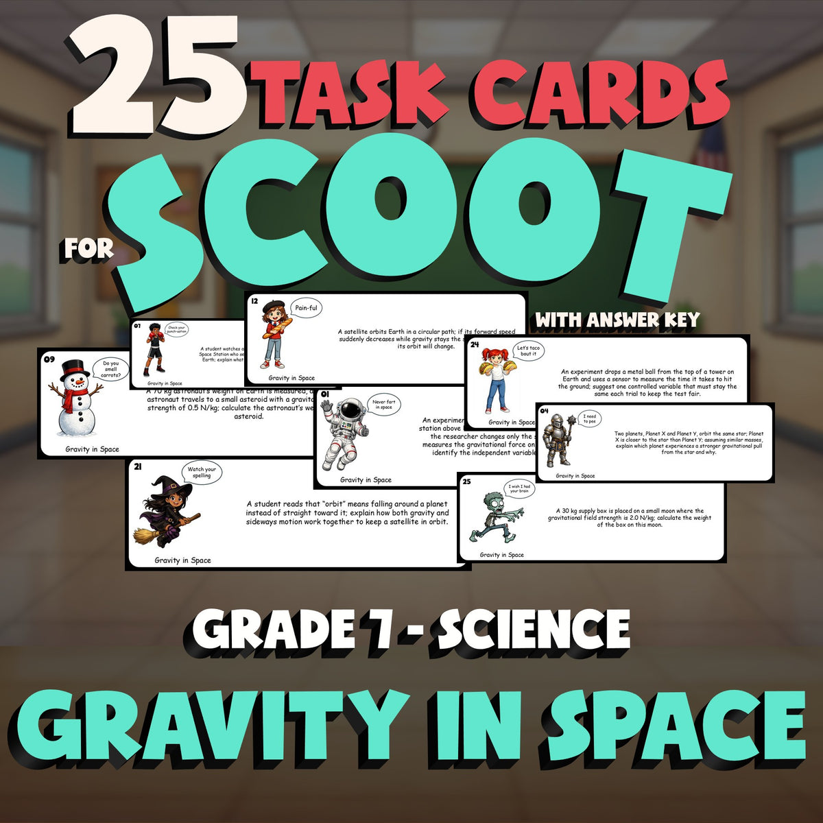 Gravity in Space SCOOT TASK CARDS Science Game - No Prep Grade 7 Review Activity