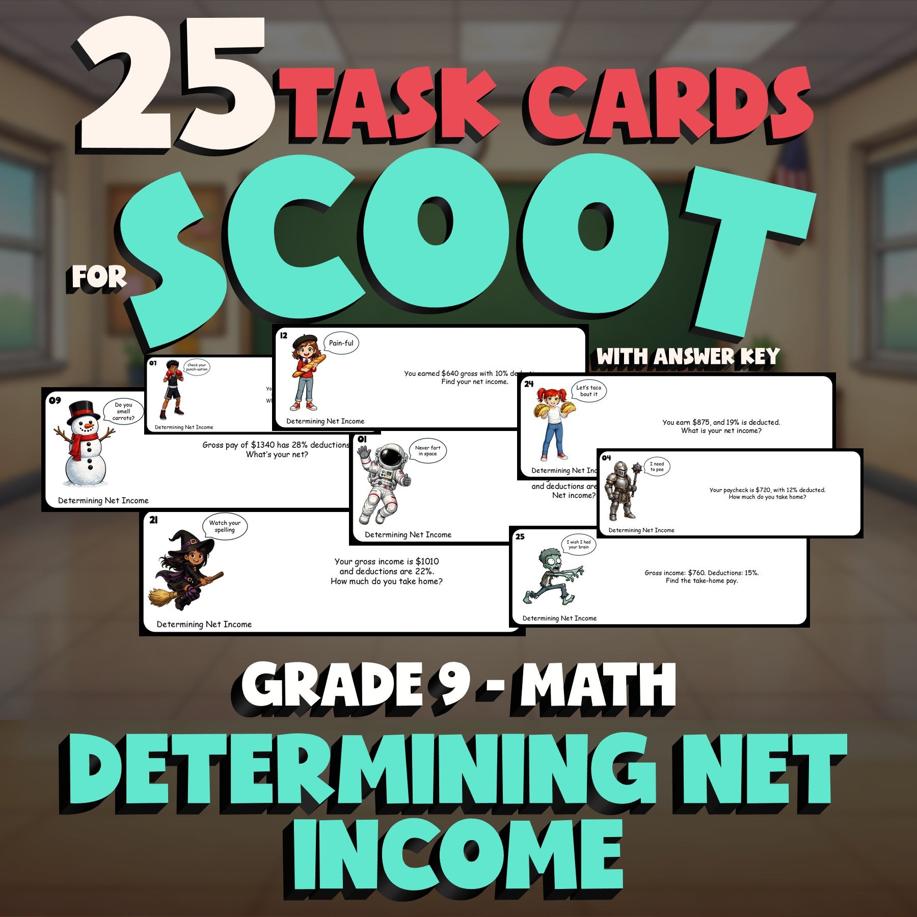 Determining Net Income SCOOT TASK CARDS Math Game - No Prep Grade 9 Review