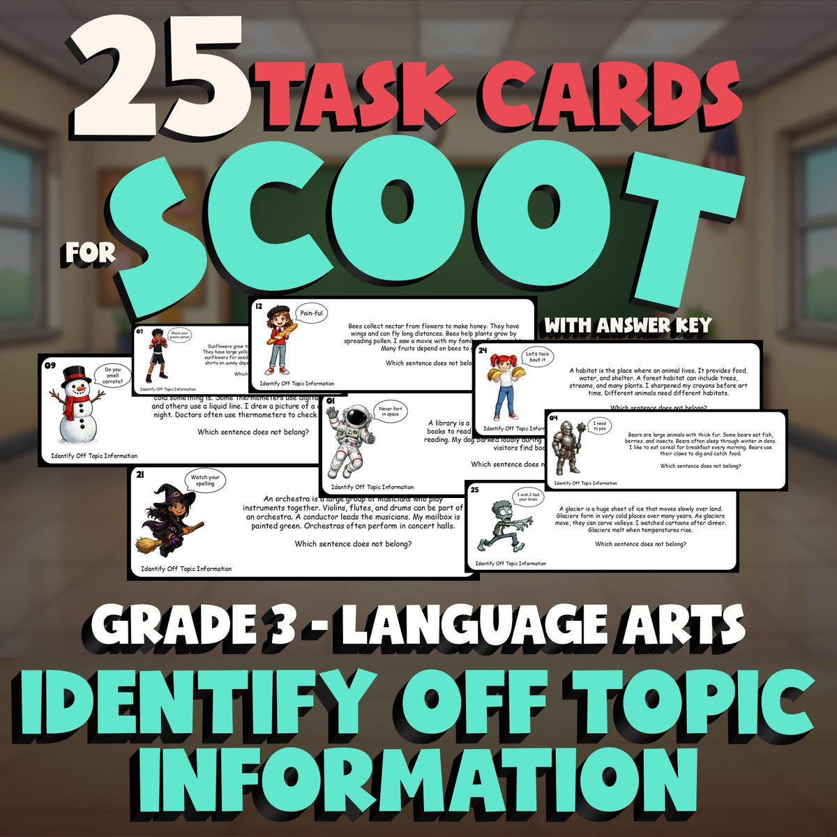 Identify Off Topic Information SCOOT TASK CARDS ELA Game - No Prep Grade 3