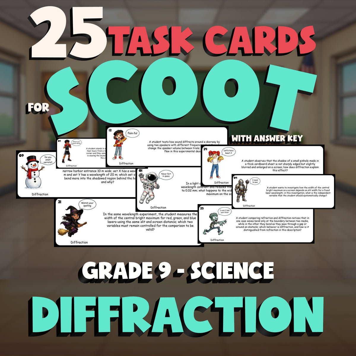 Diffraction SCOOT TASK CARDS Science Game - No Prep Grade 9 Review Activity