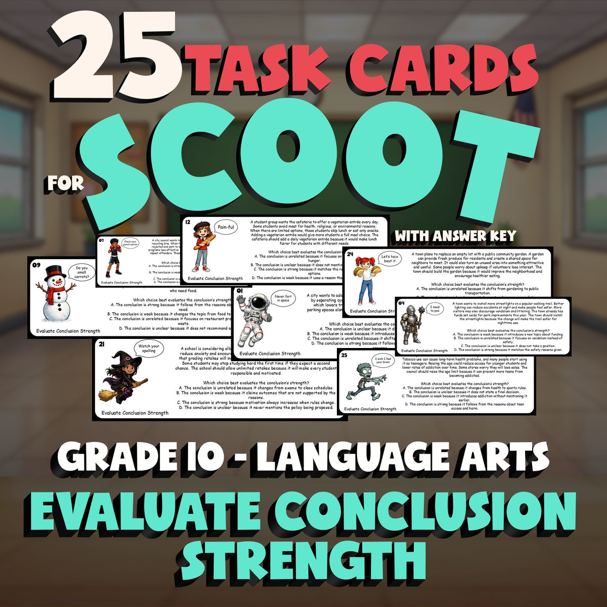 Evaluate Conclusion Strength SCOOT TASK CARDS ELA Game - No Prep Grade 10 Review