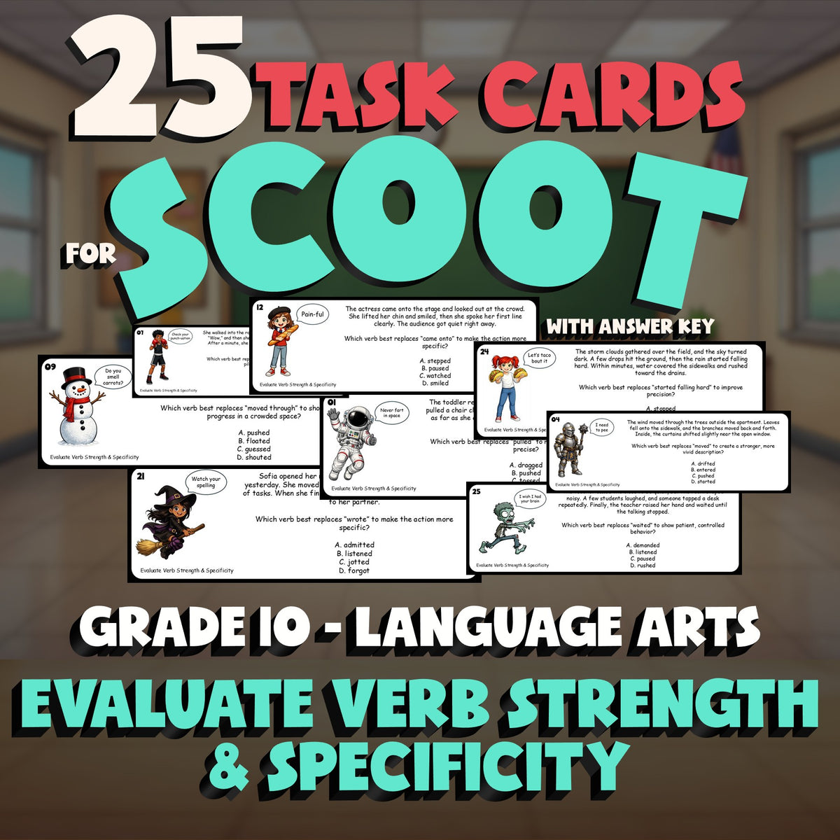 Evaluate Verb Strength & Specificity SCOOT TASK CARDS ELA Game - Grade 10