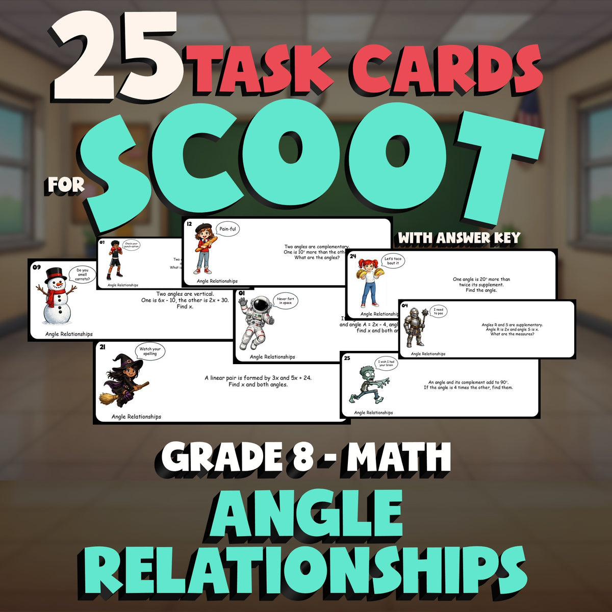Angle Relationships SCOOT TASK CARDS Math Game - No Prep Grade 8 Review Activity