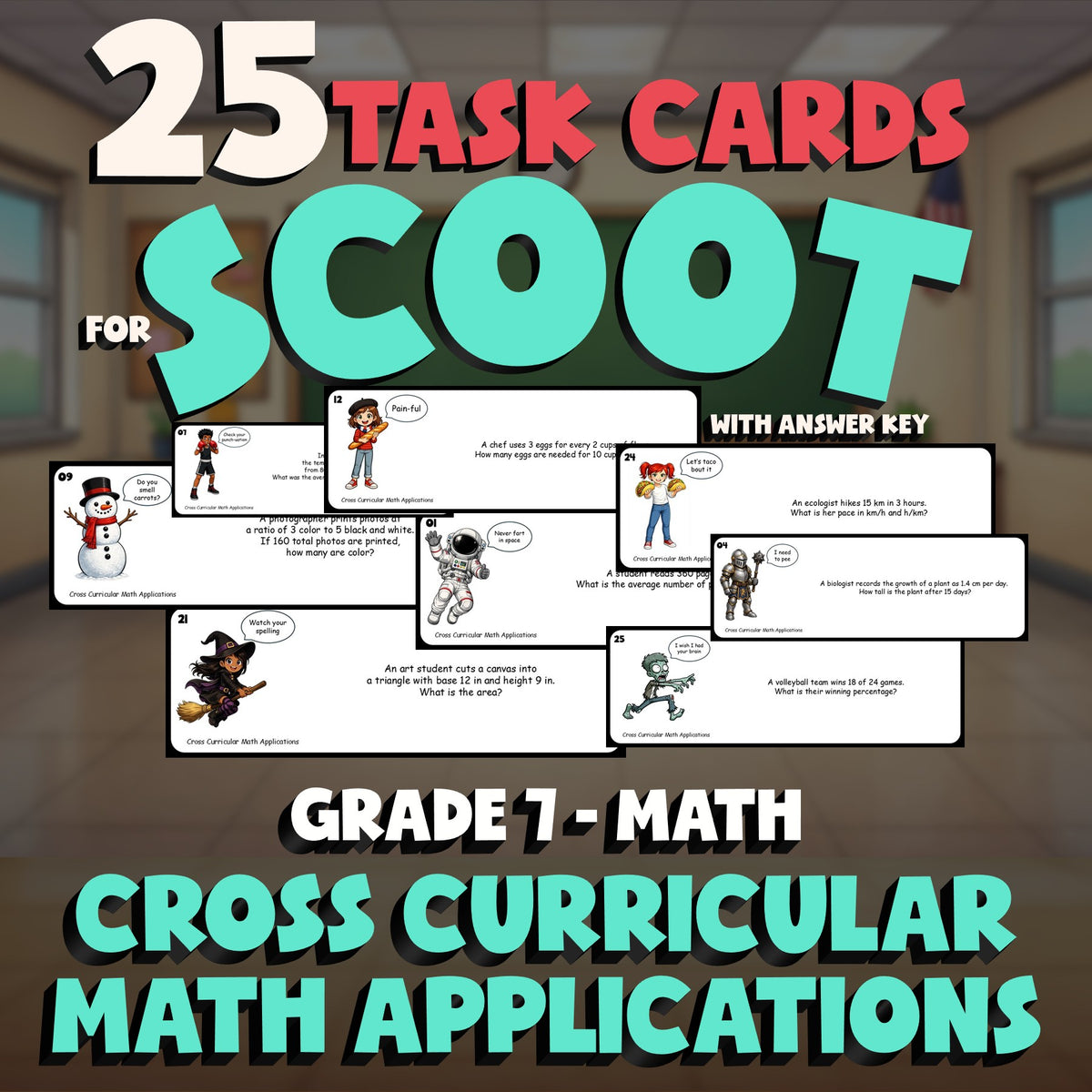 Cross Curricular Math Applications SCOOT TASK CARDS Math Game - No Prep Grade 7