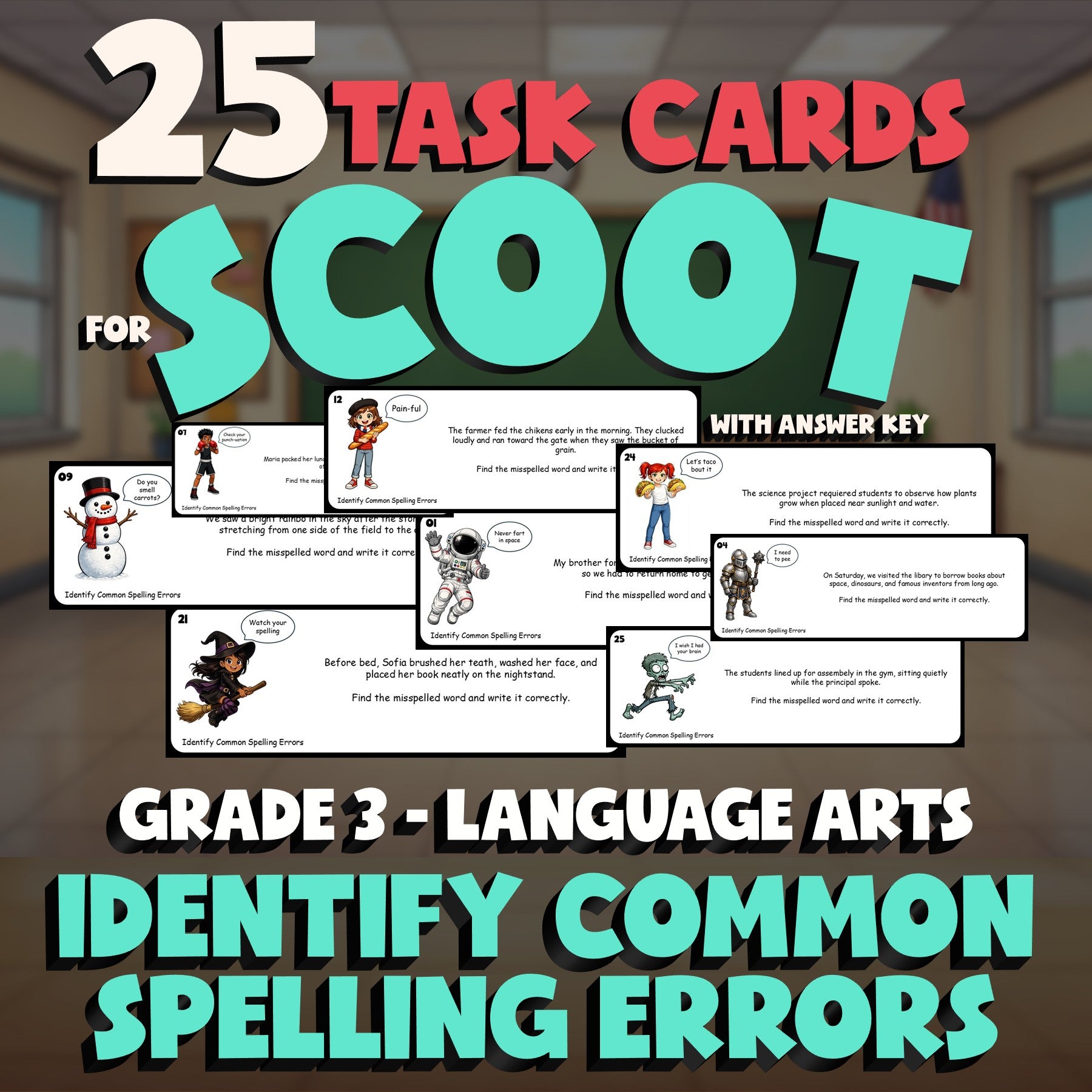 Identify Common Spelling Errors SCOOT TASK CARDS ELA Game - No Prep Grade 3
