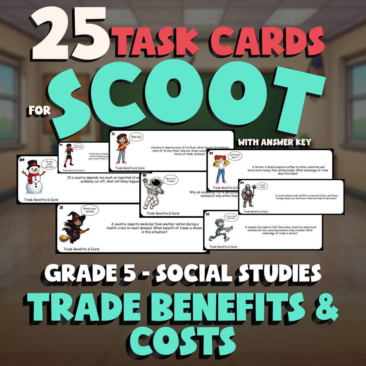 Trade Benefits & Costs SCOOT TASK CARDS Socials Game - No Prep Grade 5 Review