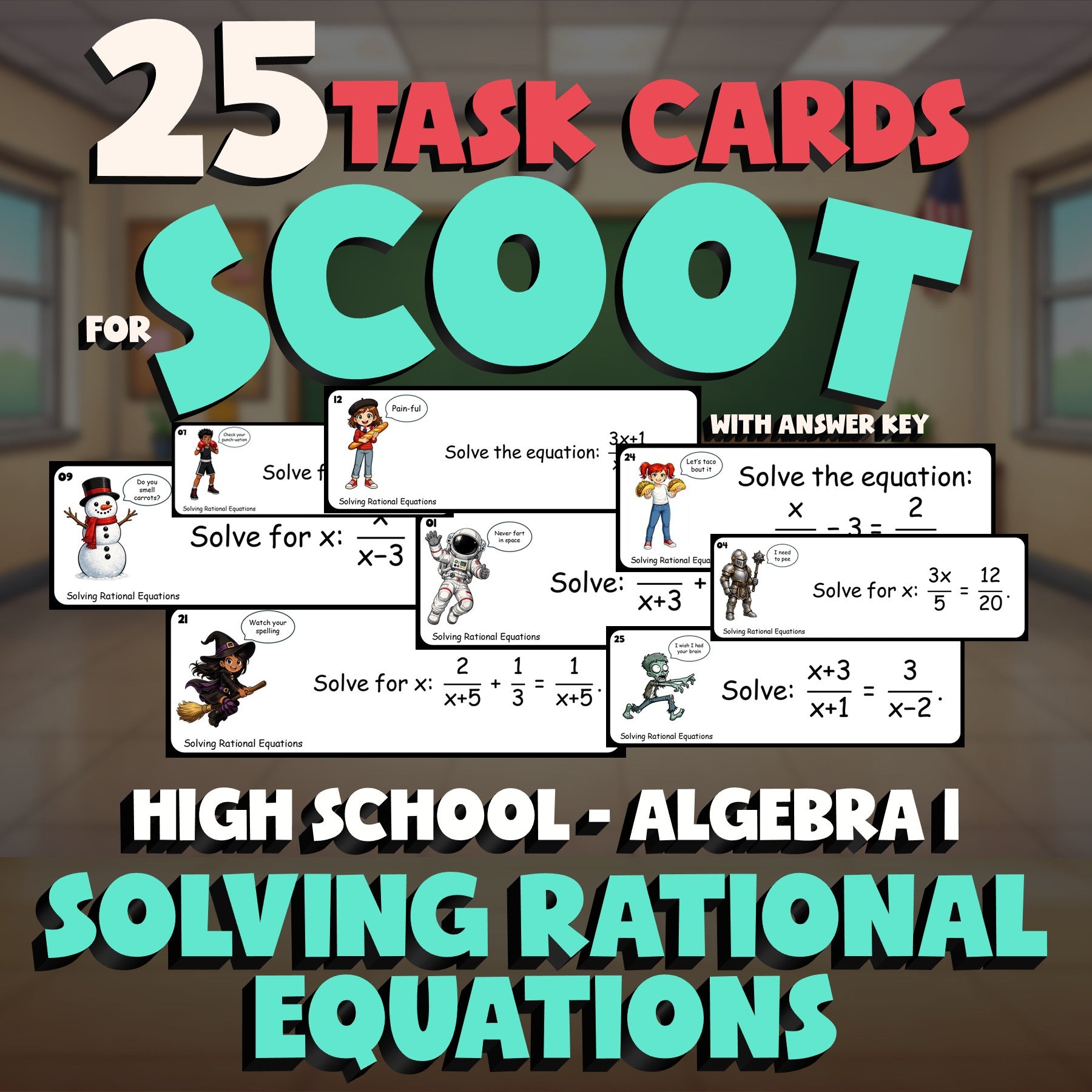 Solving Rational Equations SCOOT TASK CARDS Math Game - No Prep Algebra 1 Review