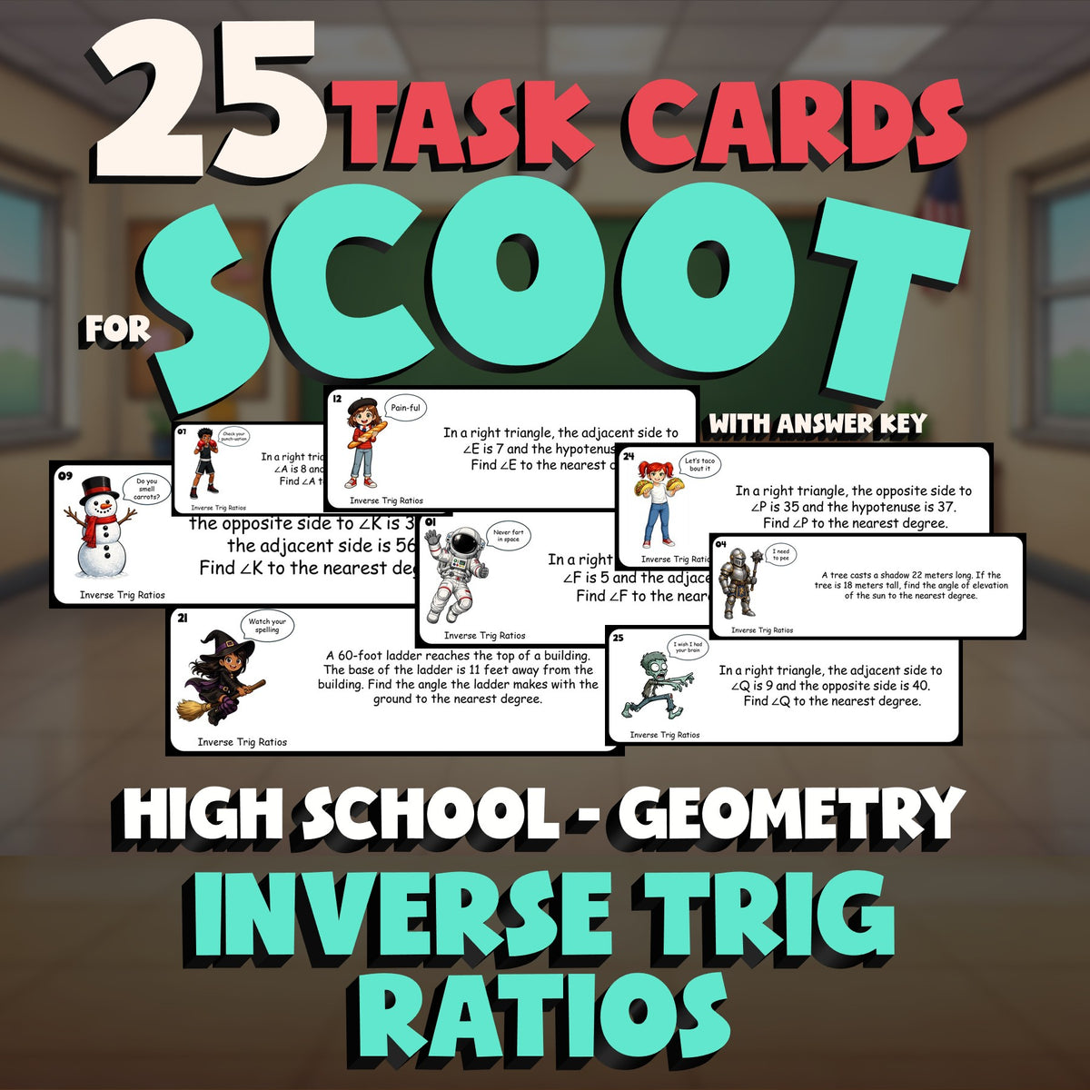 Inverse Trig Ratios SCOOT TASK CARDS Math Game - No Prep Geometry Review