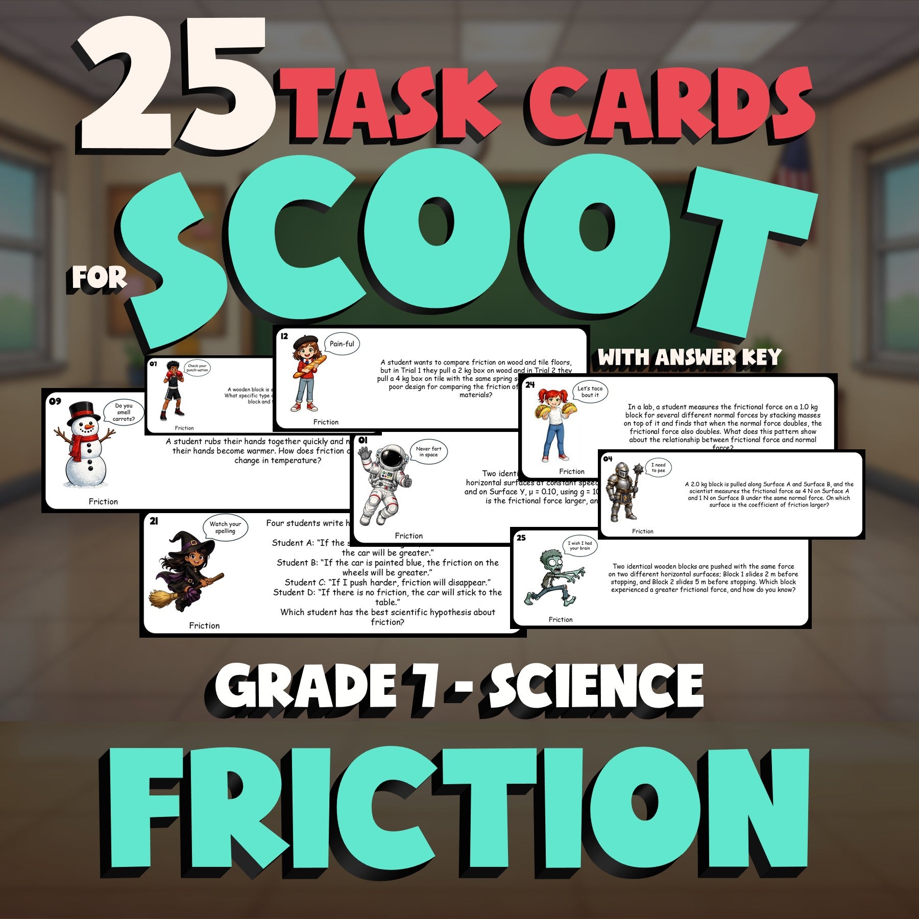 Friction SCOOT TASK CARDS Science Game - No Prep Grade 7 Review Activity