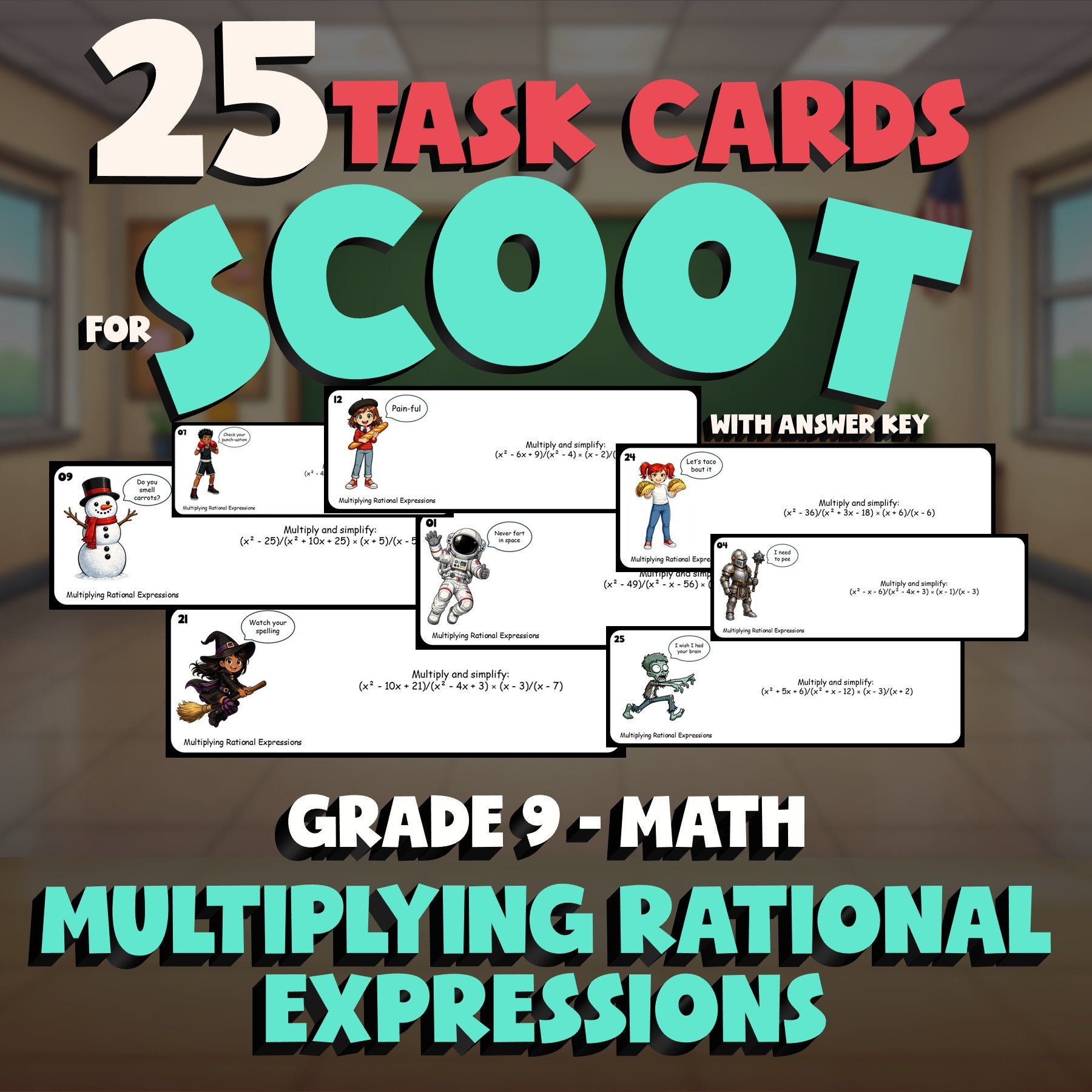 Multiplying Rational Expressions SCOOT TASK CARDS Math Game - No Prep Grade 9