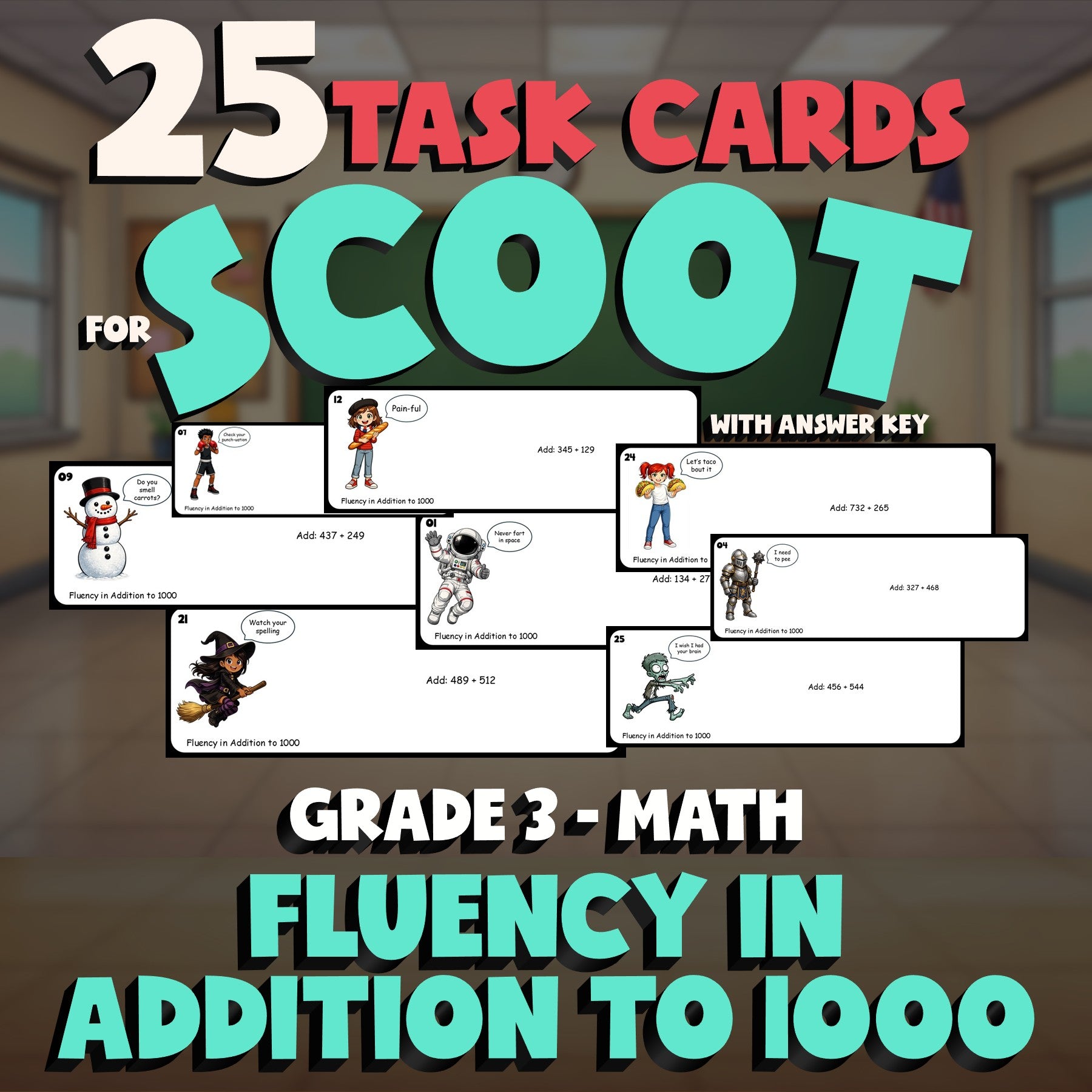 Fluency in Addition to 1000 SCOOT TASK CARDS Math Game - No Prep Grade 3 Review