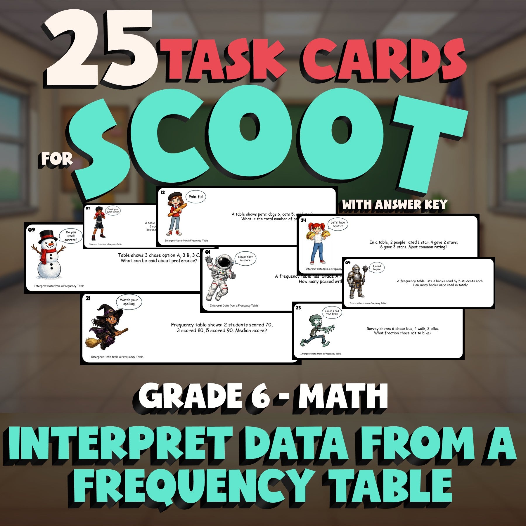 Interpret Data from a Frequency Table SCOOT TASK CARDS Math Game - Grade 6
