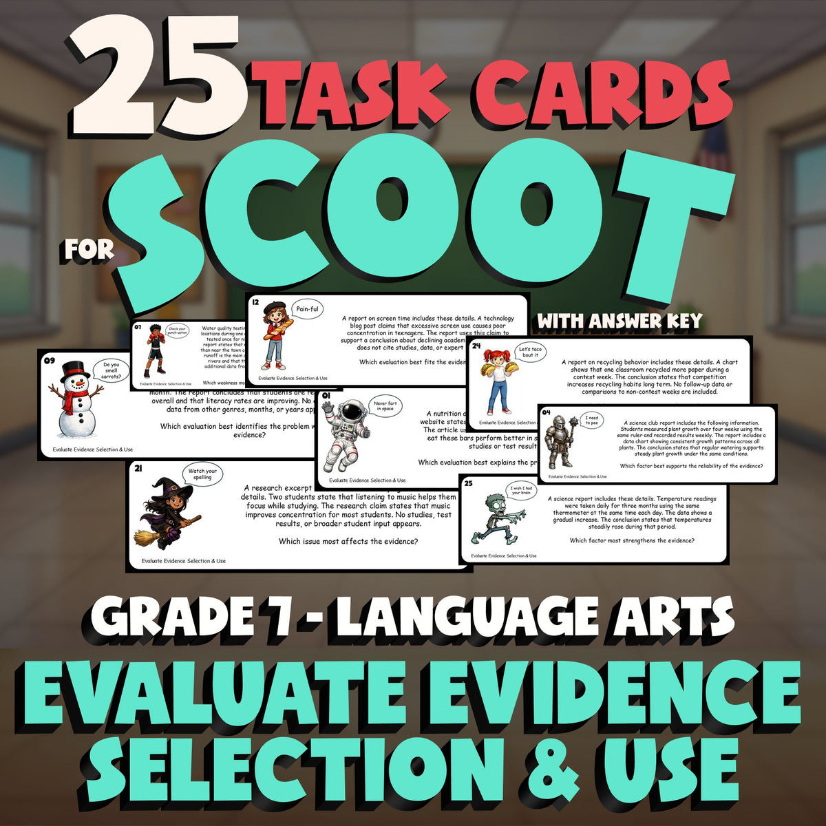Evaluate Evidence Selection & Use SCOOT TASK CARDS ELA Game - No Prep Grade 7