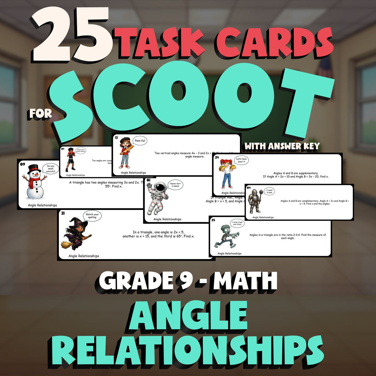Angle Relationships SCOOT TASK CARDS Math Game - No Prep Grade 9 Review Activity