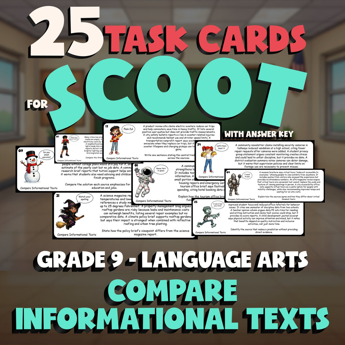 Compare Informational Texts SCOOT TASK CARDS ELA Game - No Prep Grade 9 Review
