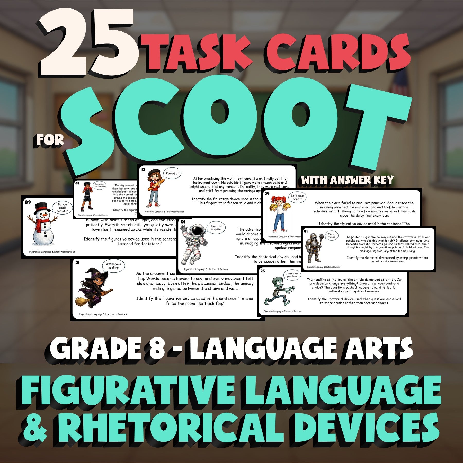 Figurative Language & Rhetorical Devices SCOOT TASK CARDS ELA Game - Grade 8