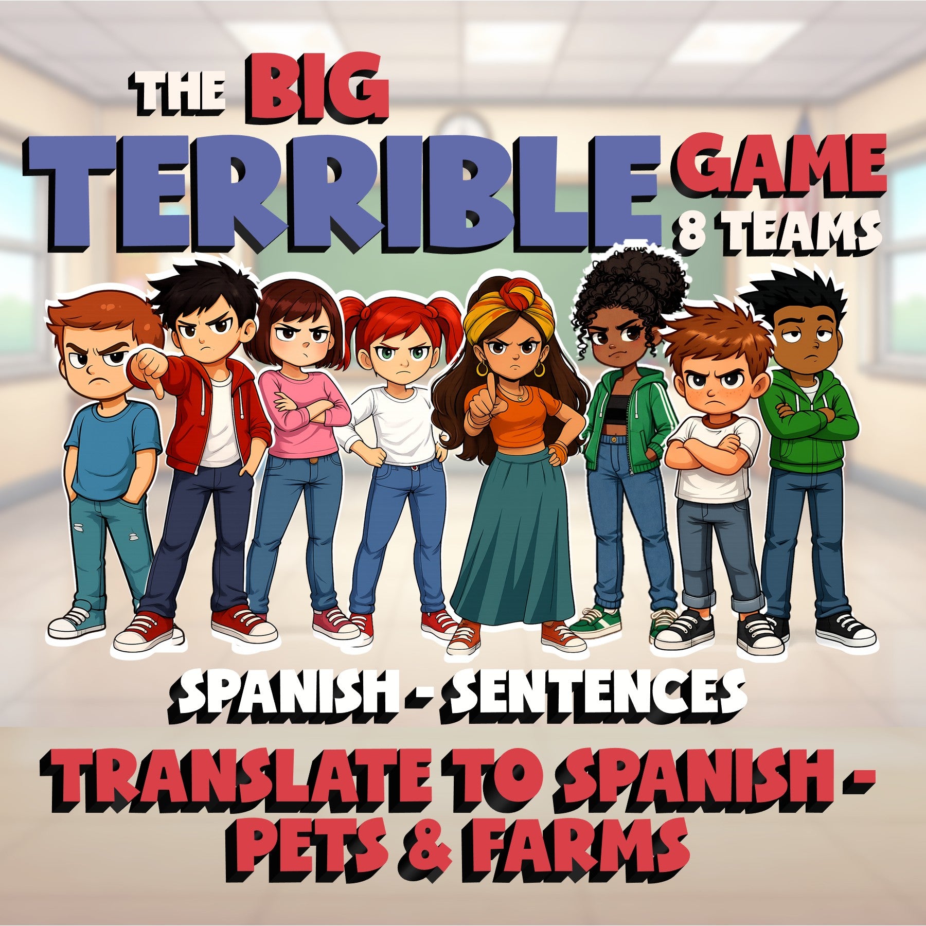Translate to Spanish - Pets & Farms BIG TERRIBLE GAME - No Prep Spanish Exercise
