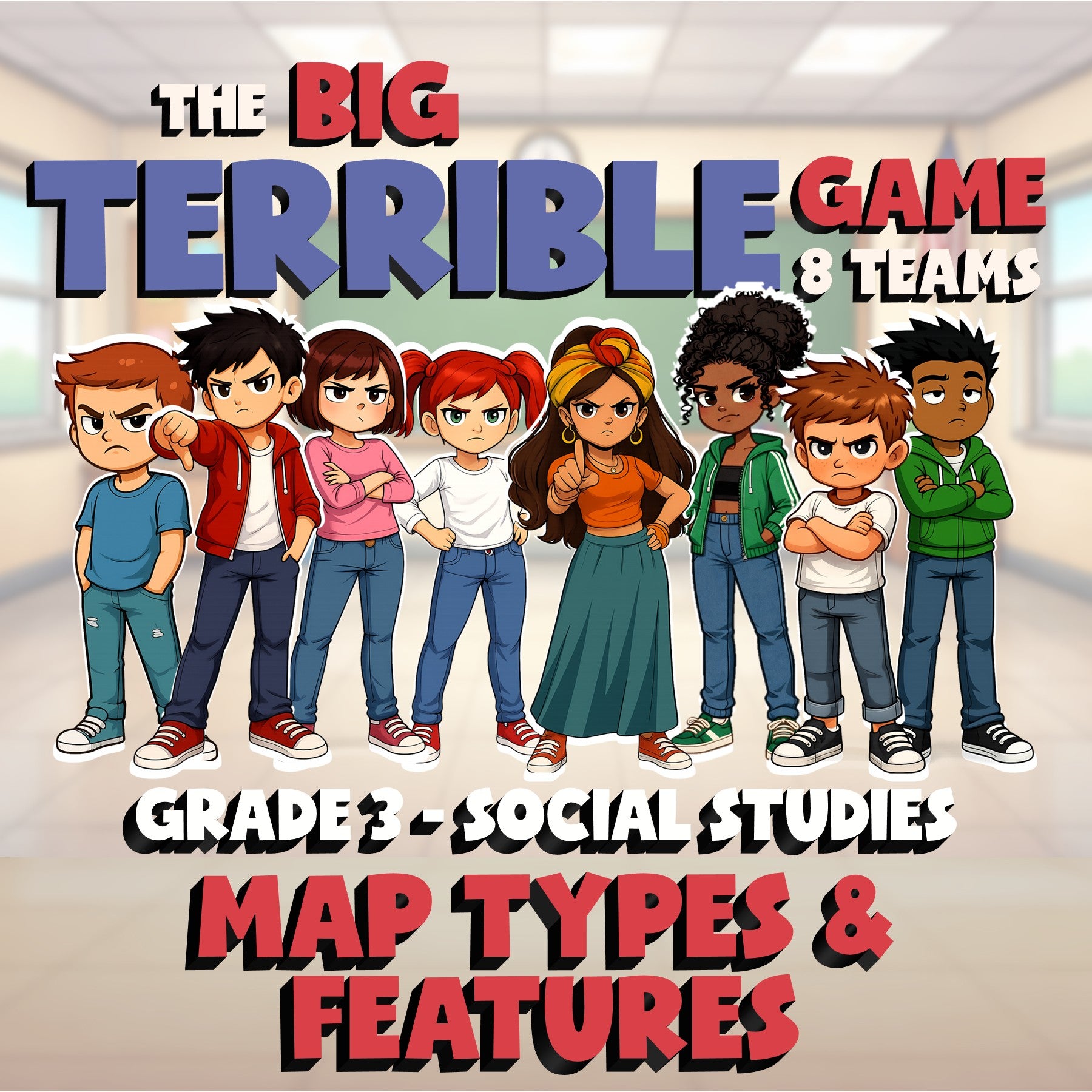 Map Types & Features BIG TERRIBLE GAME - No Prep Grade 3 Socials Review Activity