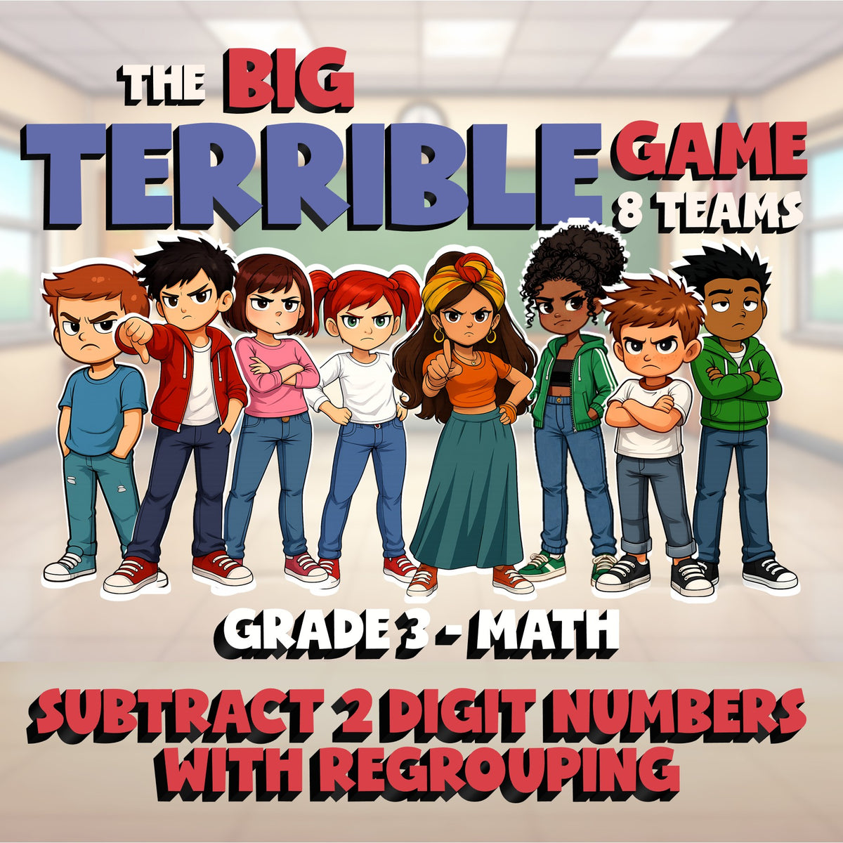 Subtract 2 Digit Numbers with Regrouping BIG TERRIBLE GAME - Grade 3 Math Review