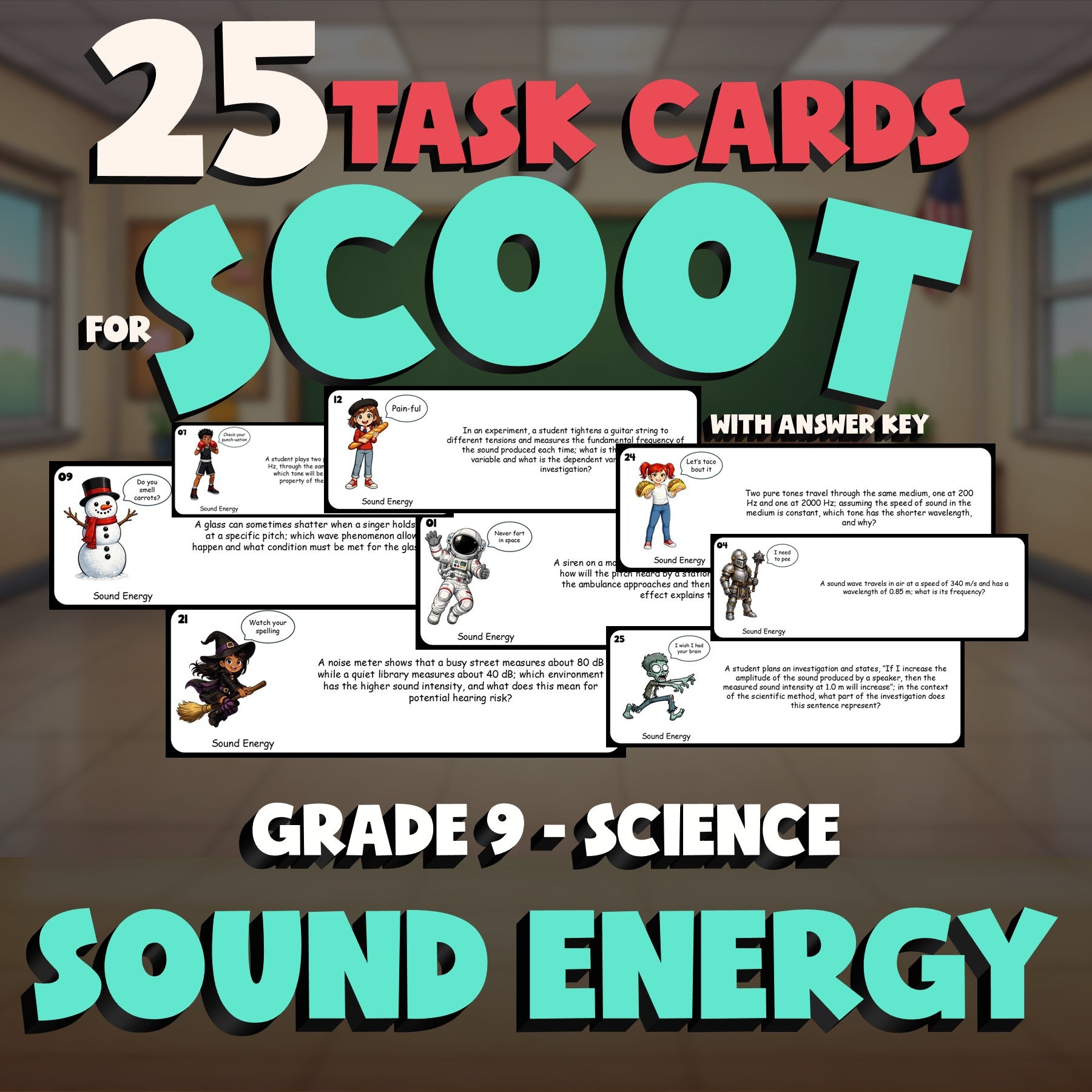 Sound Energy SCOOT TASK CARDS Science Game - No Prep Grade 9 Review Activity