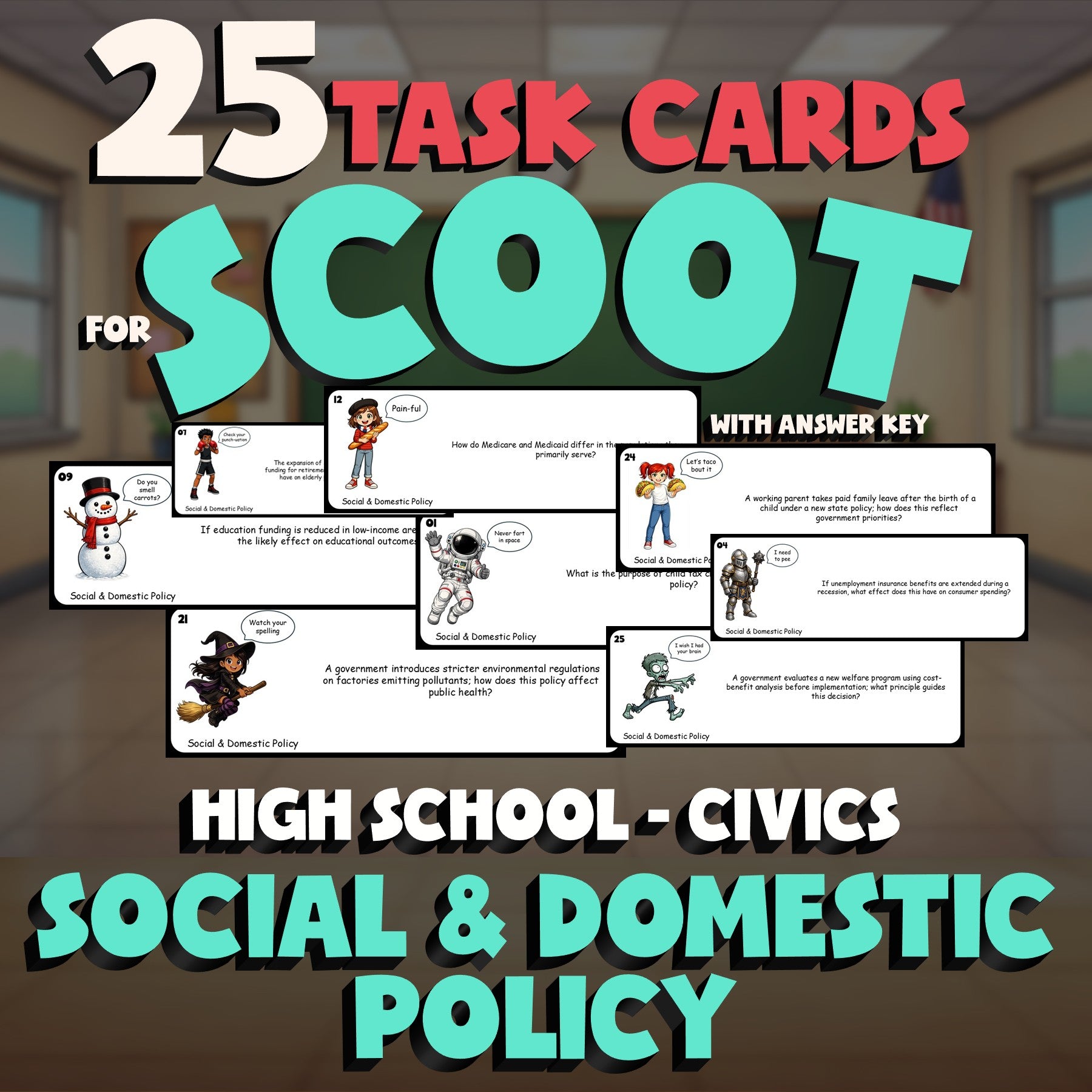 Social & Domestic Policy SCOOT TASK CARDS Civics Game - No Prep Review Activity