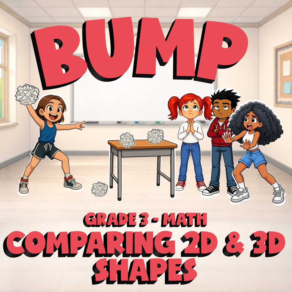 Comparing 2D & 3D Shapes BUMP Math Game - No Prep Grade 3 Review Activity