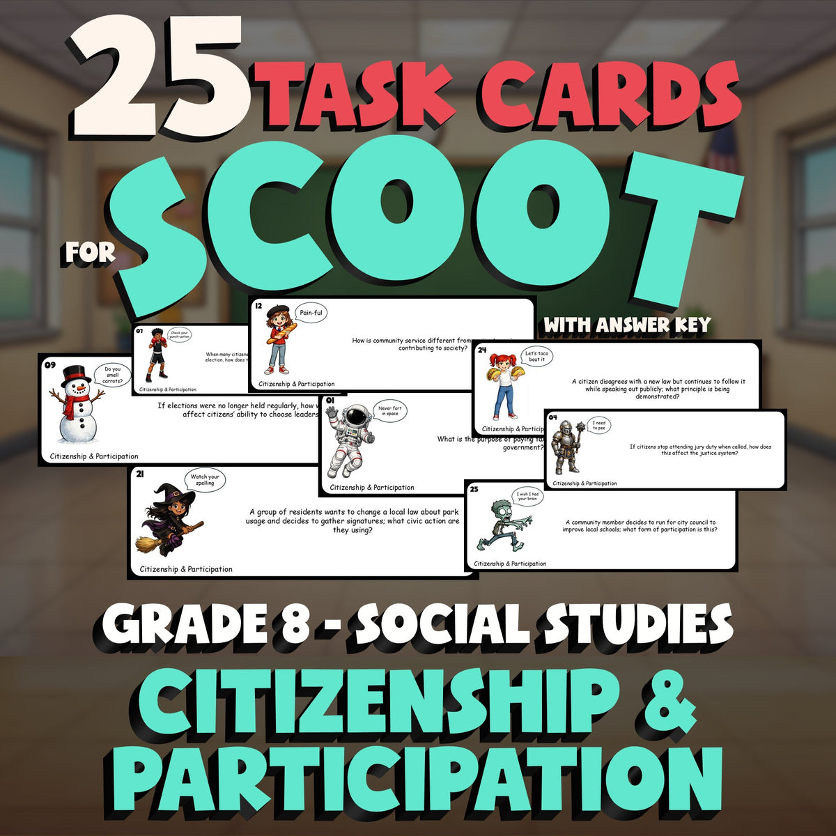 Citizenship & Participation SCOOT TASK CARDS Socials Game - No Prep Grade 8